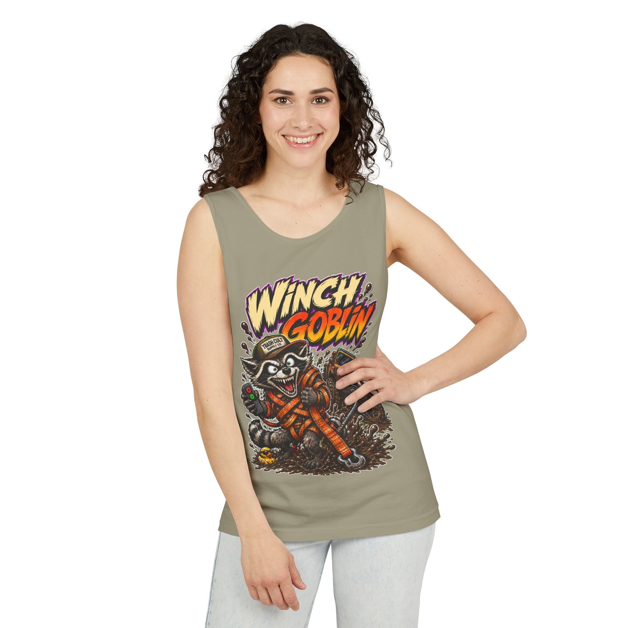 Winch Goblin Graphic Tank Top — Retro Cartoon Mechanic Design
