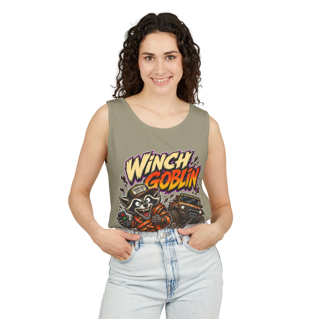 Winch Goblin Graphic Tank Top — Retro Cartoon Mechanic Design