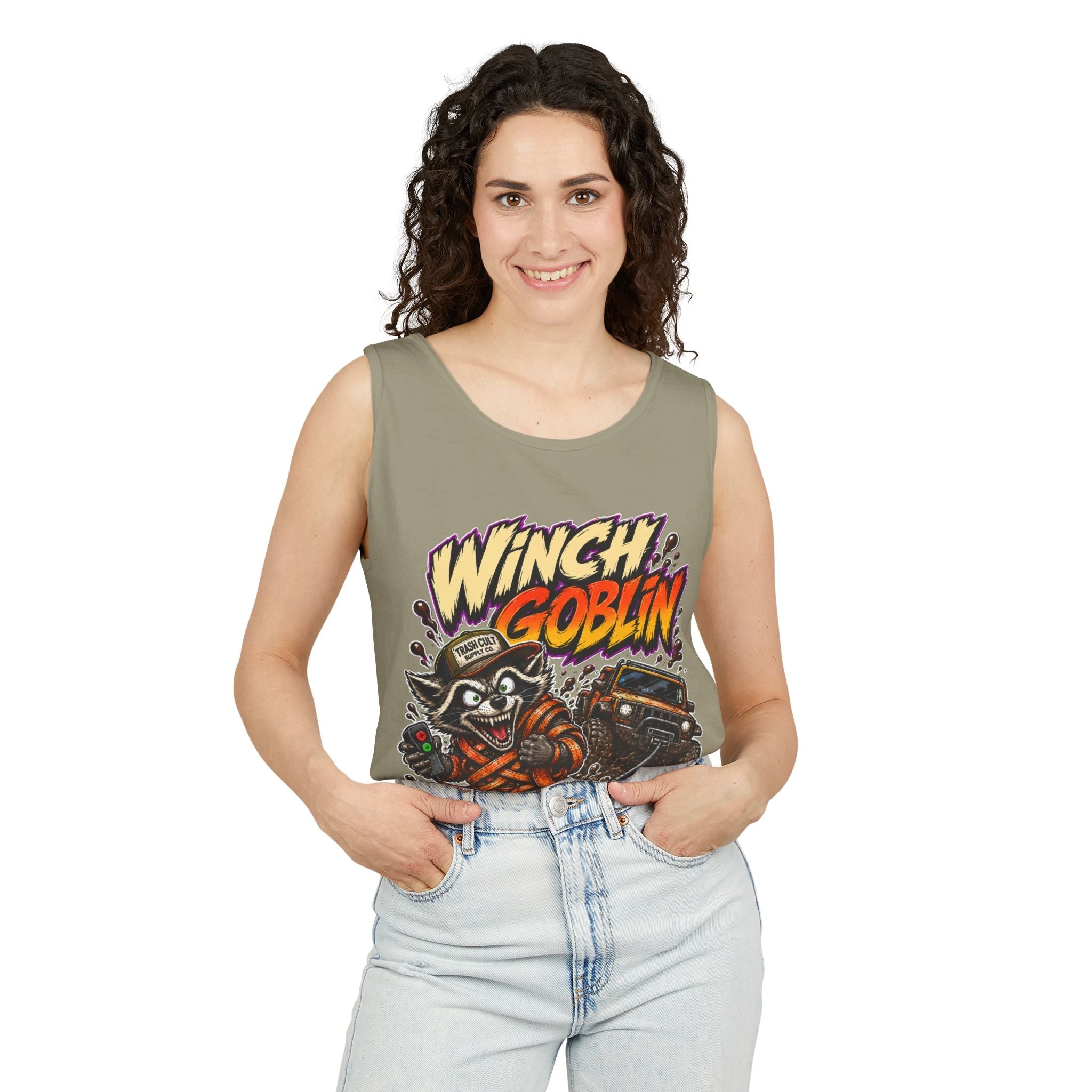 Winch Goblin Graphic Tank Top — Retro Cartoon Mechanic Design