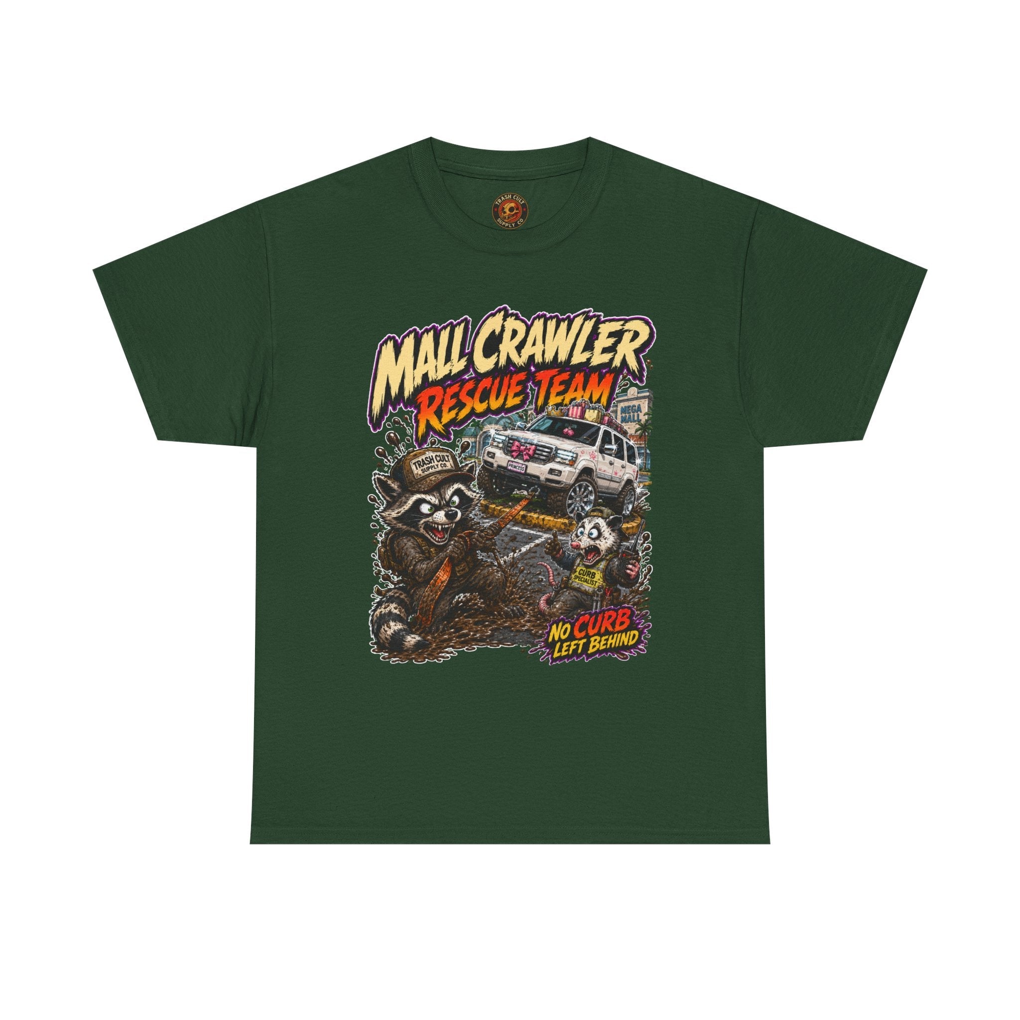 Mall Crawler Rescue Team T‑Shirt — Vintage Raccoon Rescue Graphic Tee (“No Curb Left Behind”)