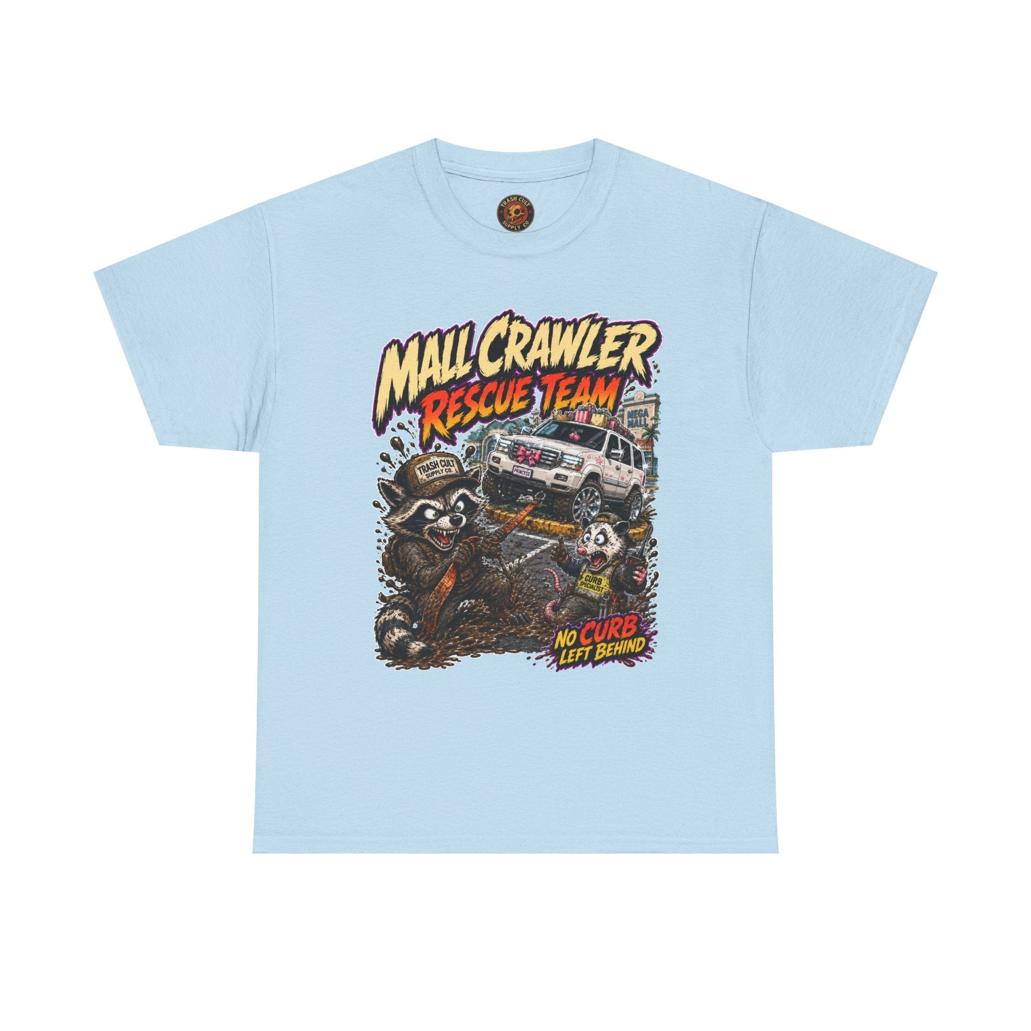 Mall Crawler Rescue Team T‑Shirt — Vintage Raccoon Rescue Graphic Tee (“No Curb Left Behind”)