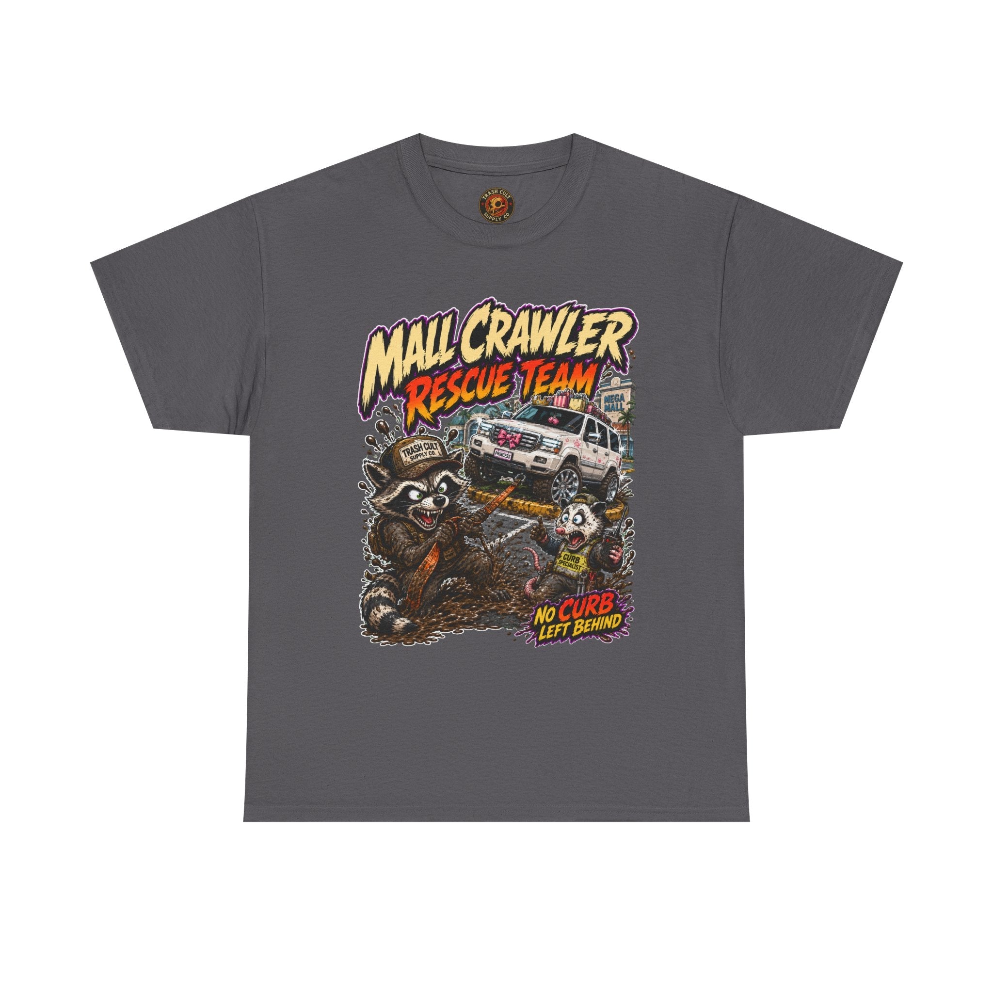 Mall Crawler Rescue Team T‑Shirt — Vintage Raccoon Rescue Graphic Tee (“No Curb Left Behind”)