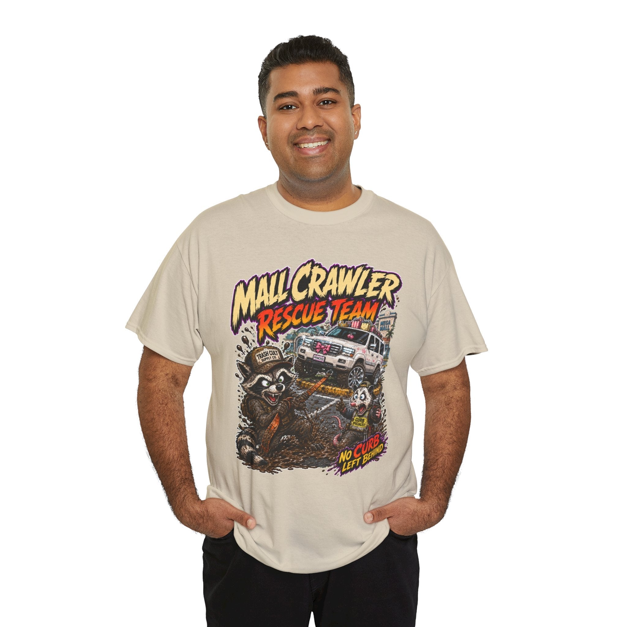 Mall Crawler Rescue Team T‑Shirt — Vintage Raccoon Rescue Graphic Tee (“No Curb Left Behind”)