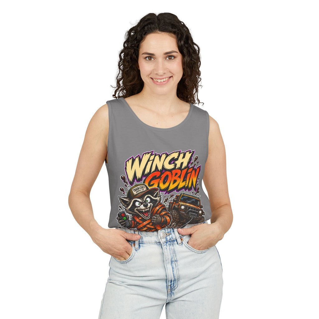 Winch Goblin Graphic Tank Top — Retro Cartoon Mechanic Design