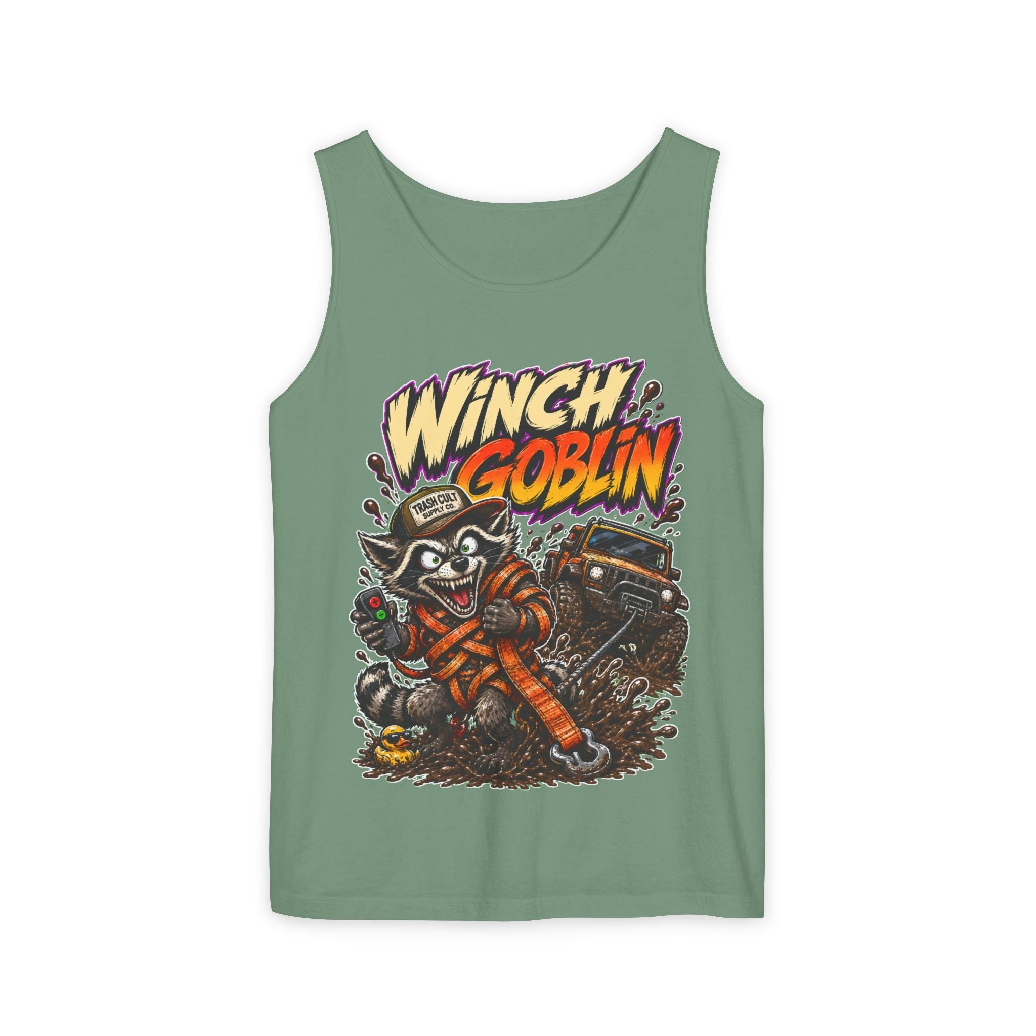Winch Goblin Graphic Tank Top — Retro Cartoon Mechanic Design