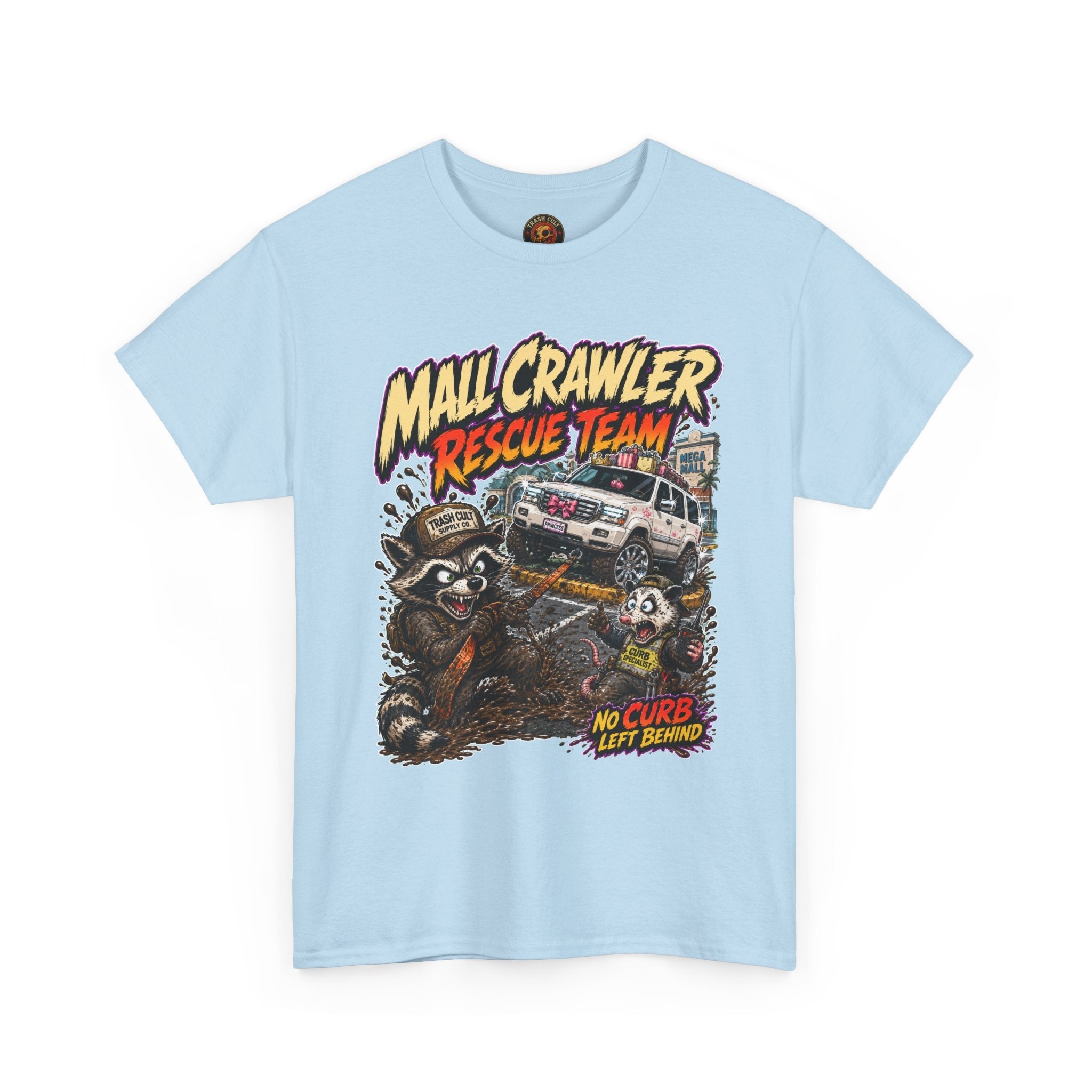 Mall Crawler Rescue Team T‑Shirt — Vintage Raccoon Rescue Graphic Tee (“No Curb Left Behind”)