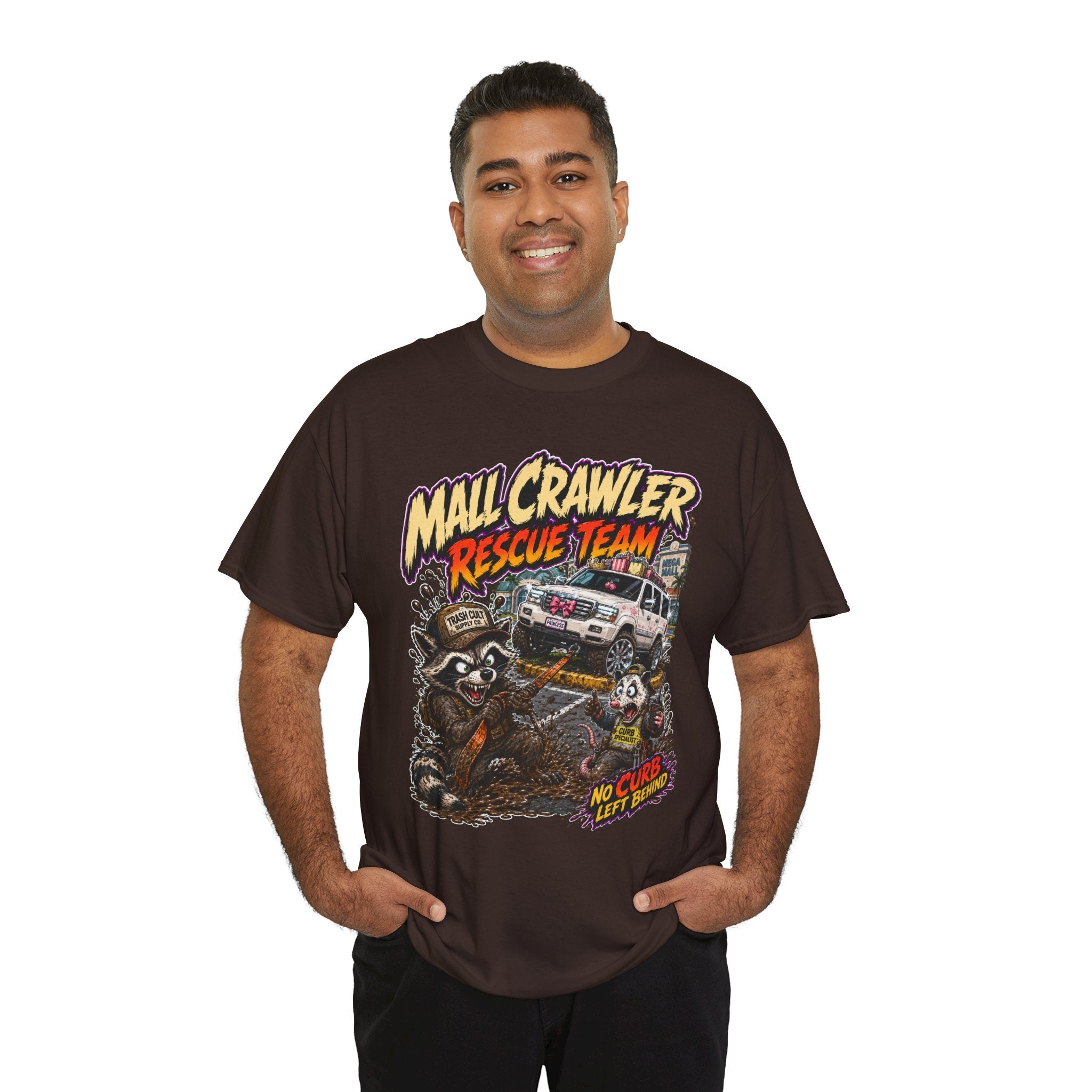 Mall Crawler Rescue Team T‑Shirt — Vintage Raccoon Rescue Graphic Tee (“No Curb Left Behind”)