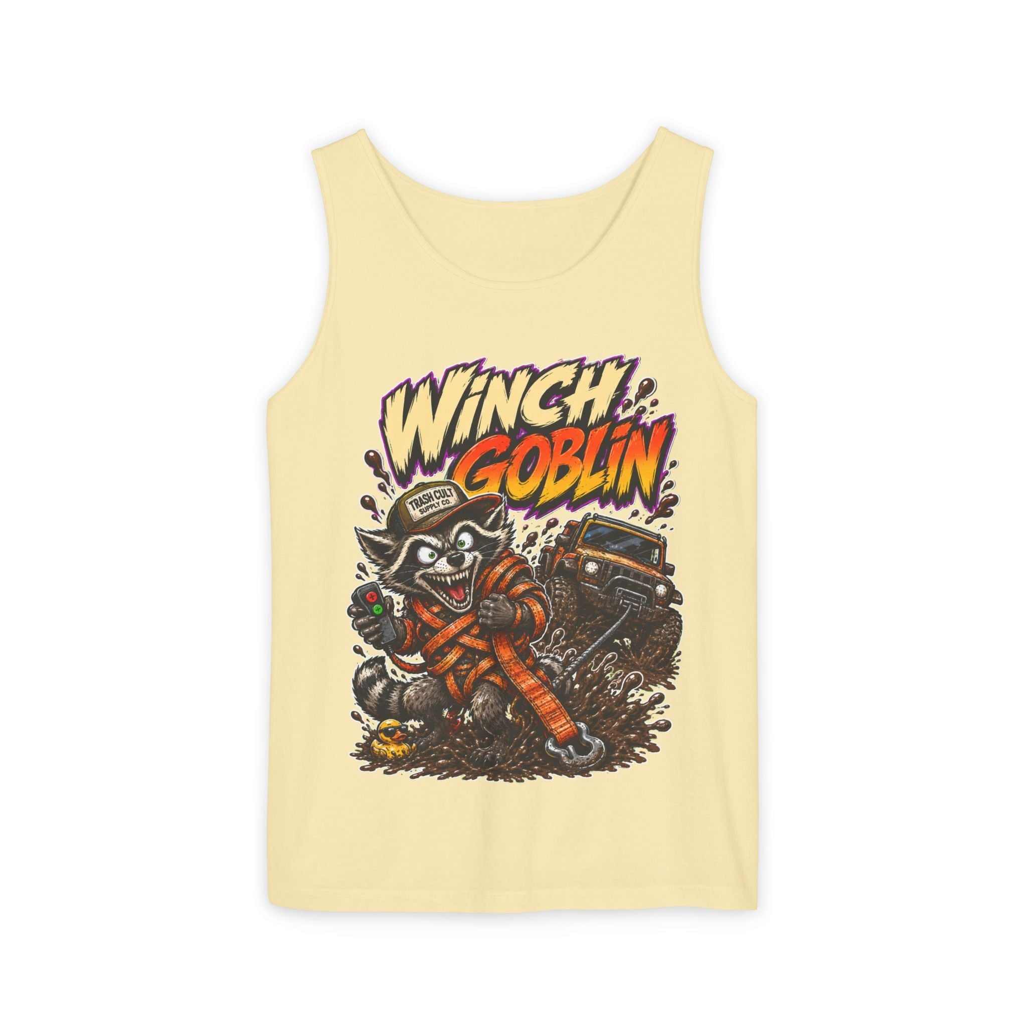 Winch Goblin Graphic Tank Top — Retro Cartoon Mechanic Design