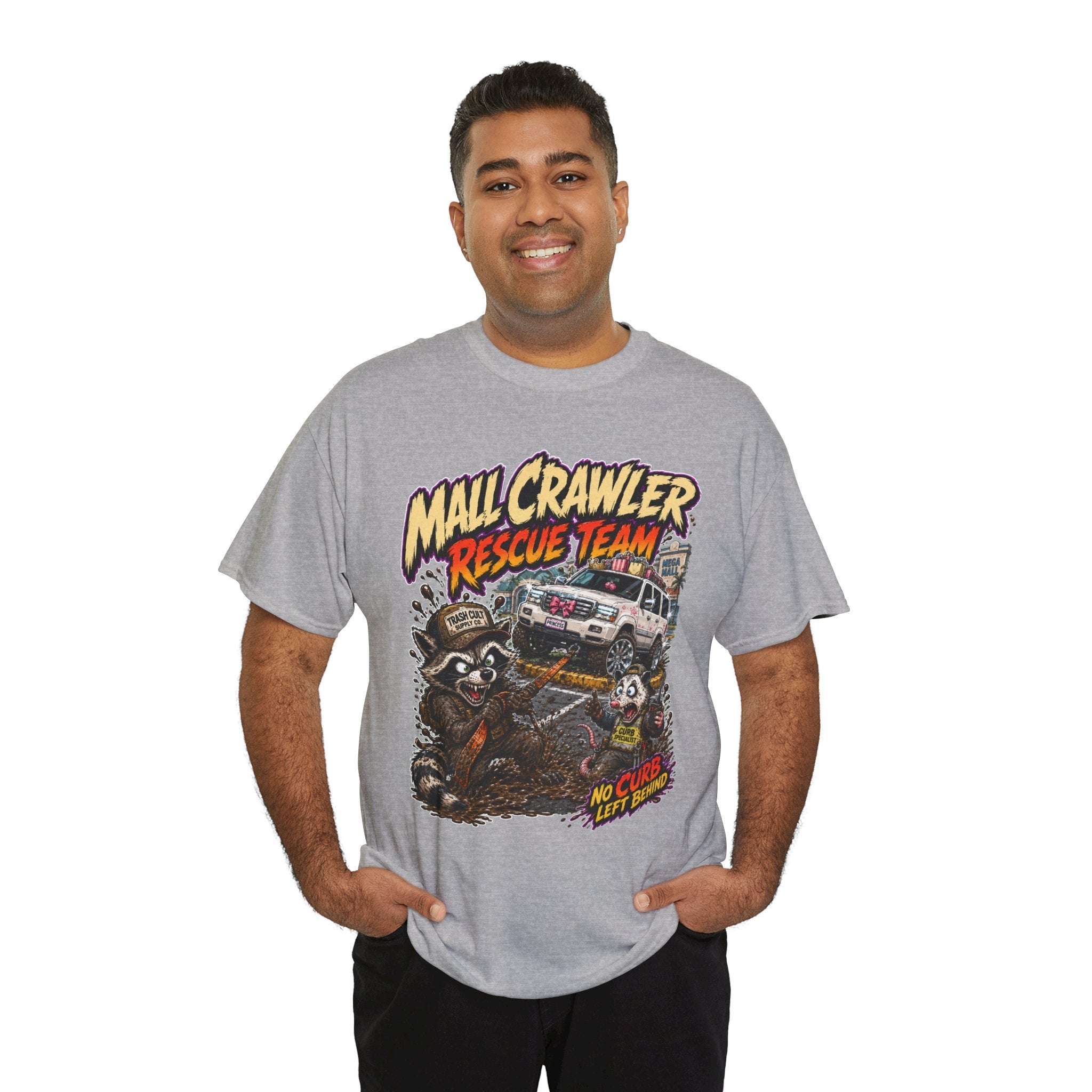 Mall Crawler Rescue Team T‑Shirt — Vintage Raccoon Rescue Graphic Tee (“No Curb Left Behind”)