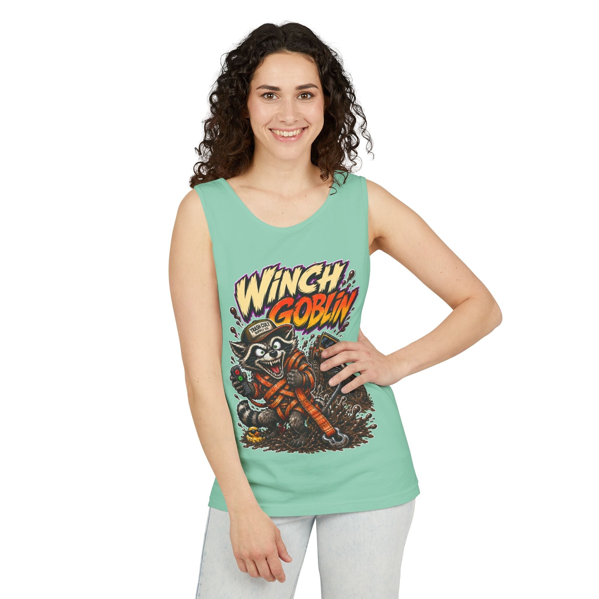 Winch Goblin Graphic Tank Top — Retro Cartoon Mechanic Design