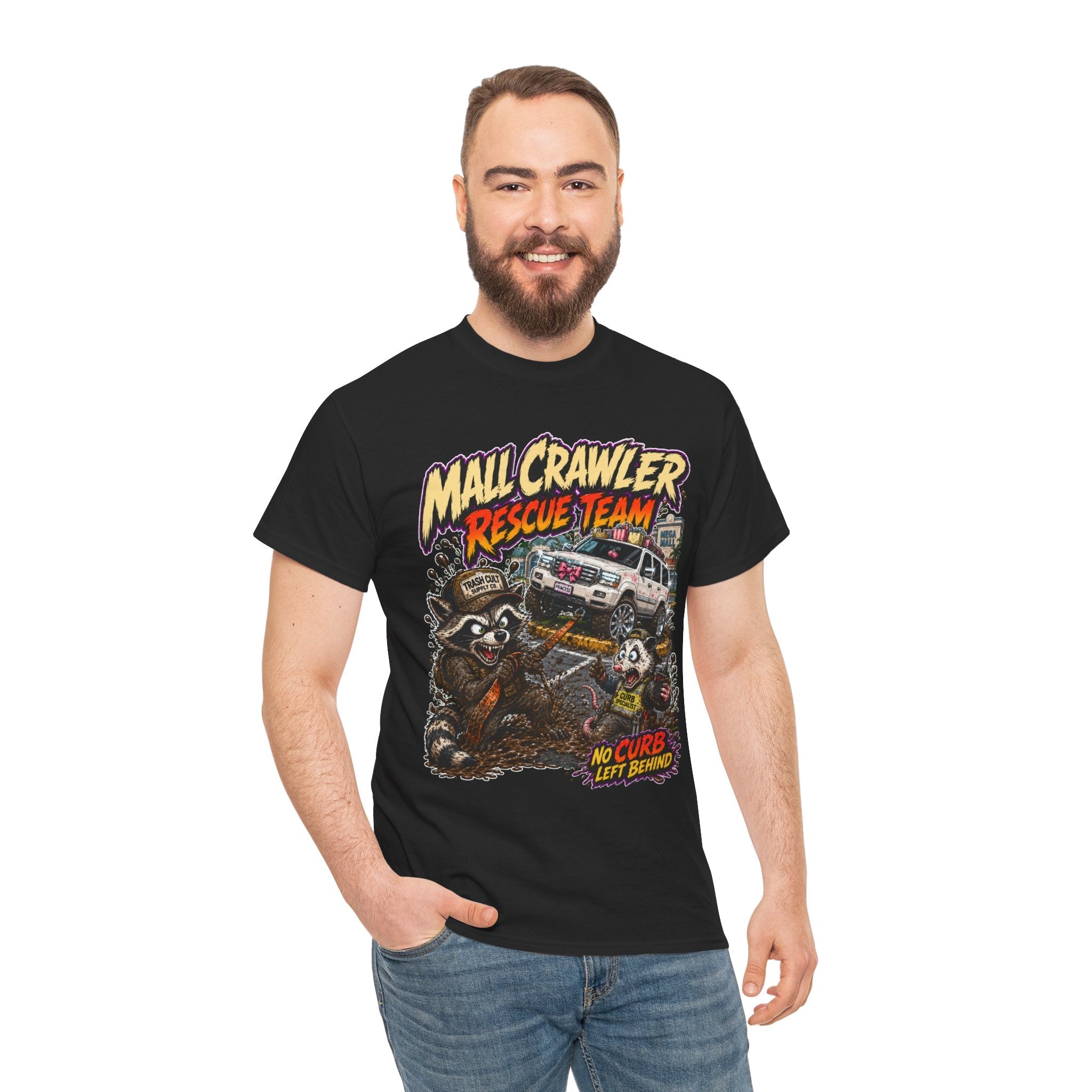 Mall Crawler Rescue Team T‑Shirt — Vintage Raccoon Rescue Graphic Tee (“No Curb Left Behind”)