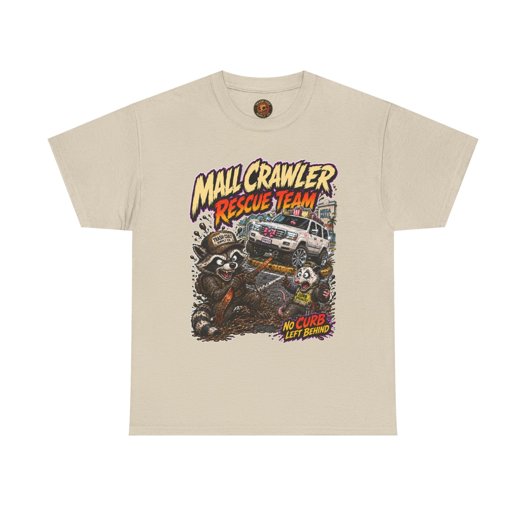 Mall Crawler Rescue Team T‑Shirt — Vintage Raccoon Rescue Graphic Tee (“No Curb Left Behind”)