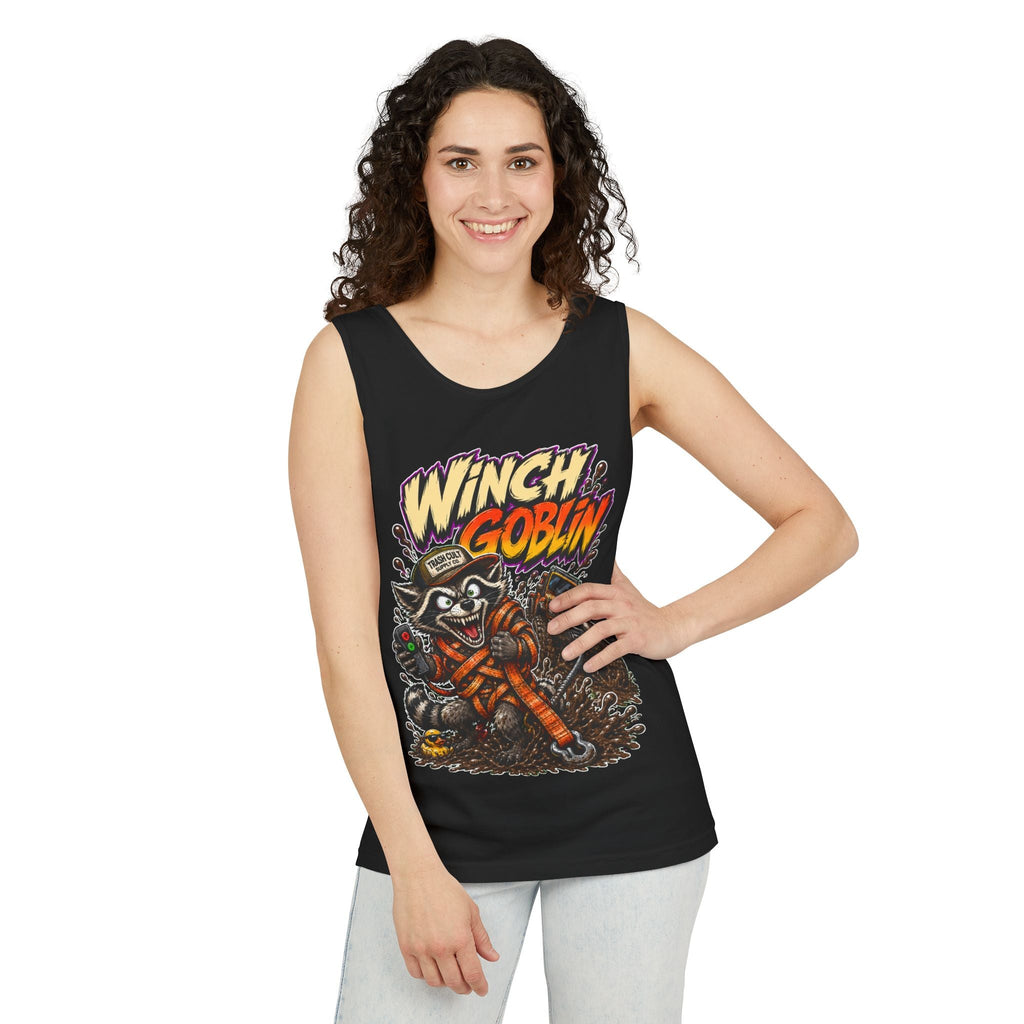Winch Goblin Graphic Tank Top — Retro Cartoon Mechanic Design
