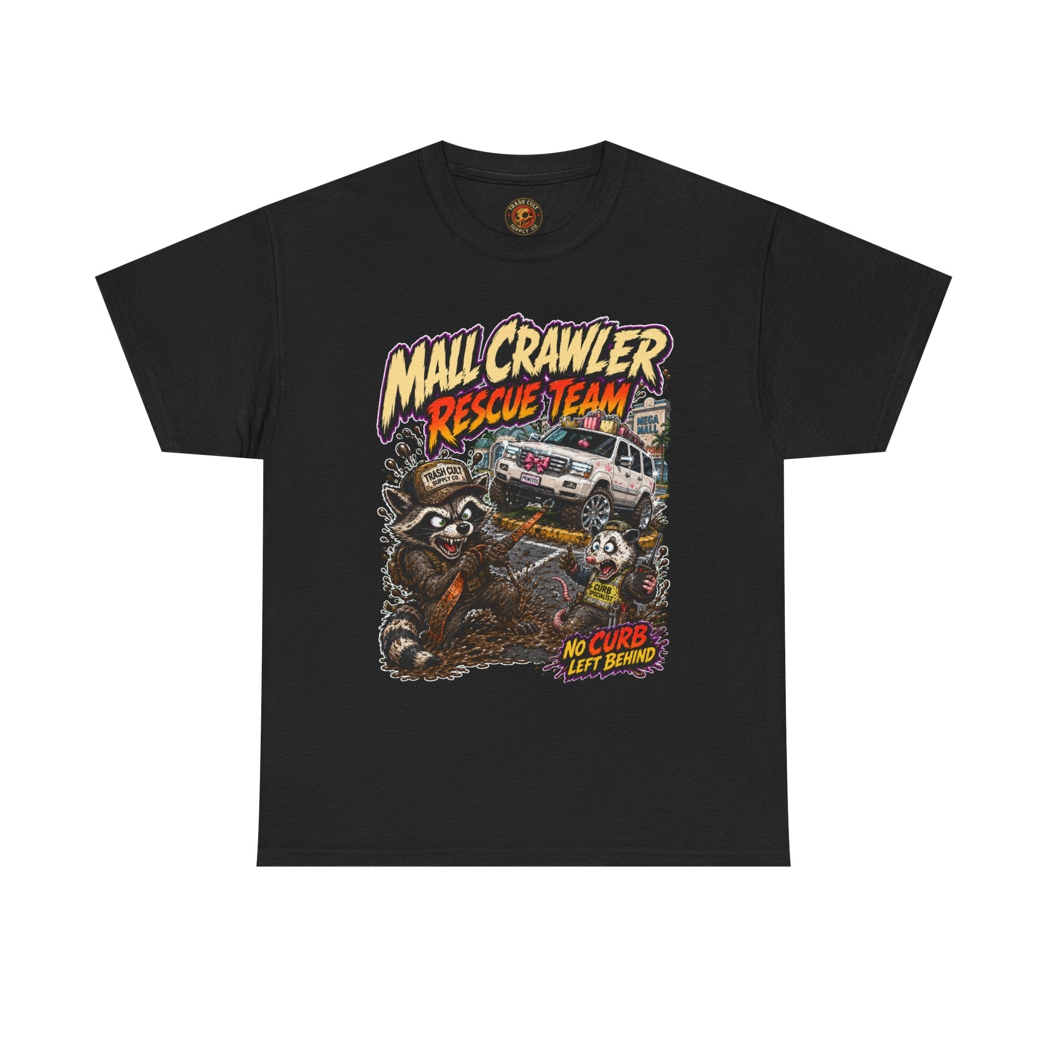 Mall Crawler Rescue Team T‑Shirt — Vintage Raccoon Rescue Graphic Tee (“No Curb Left Behind”)