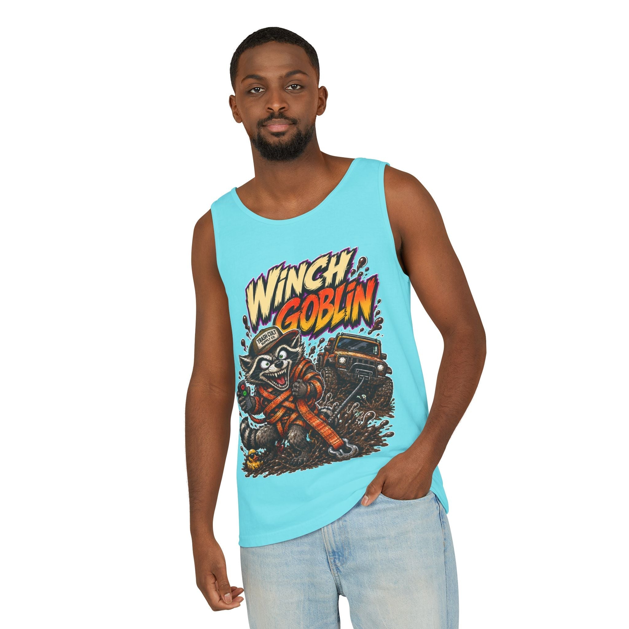 Winch Goblin Graphic Tank Top — Retro Cartoon Mechanic Design