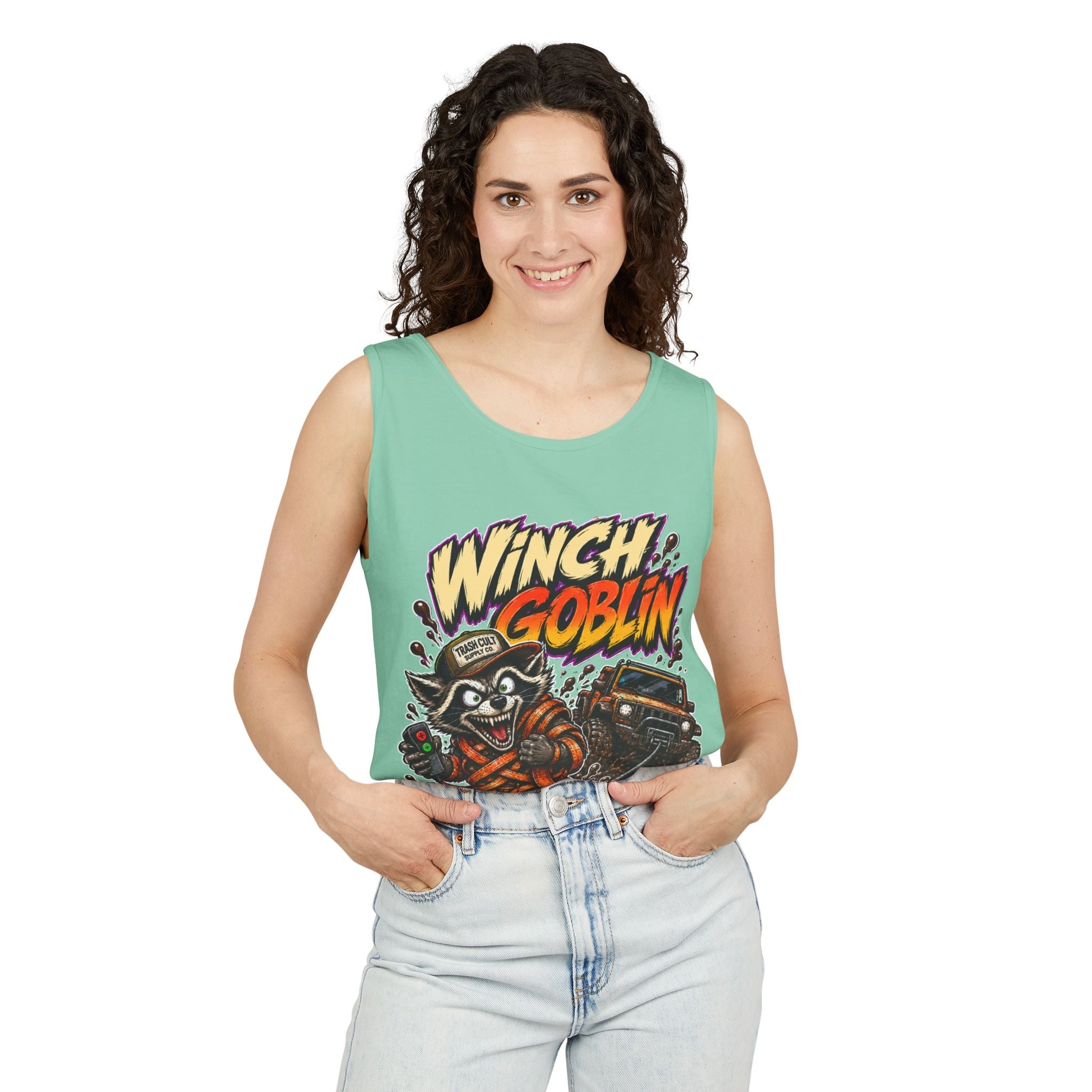 Winch Goblin Graphic Tank Top — Retro Cartoon Mechanic Design