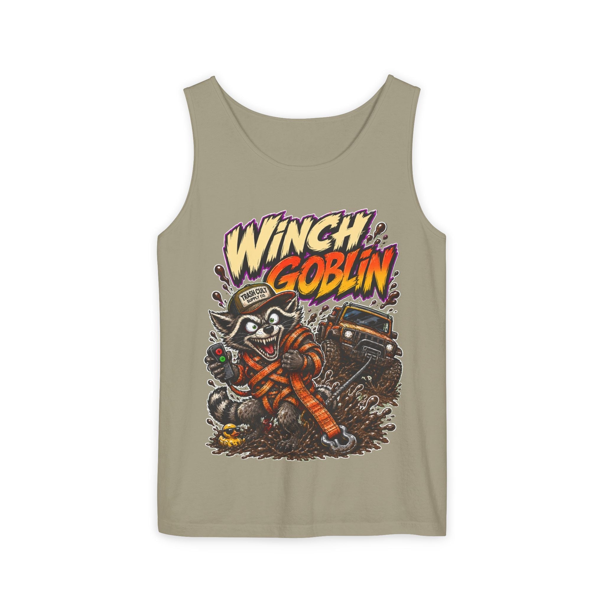 Winch Goblin Graphic Tank Top — Retro Cartoon Mechanic Design