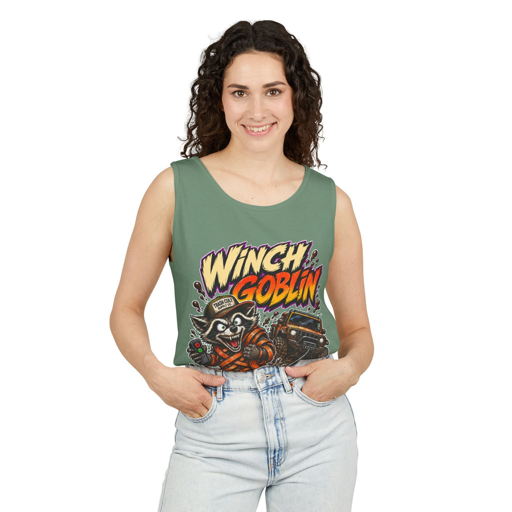 Winch Goblin Graphic Tank Top — Retro Cartoon Mechanic Design