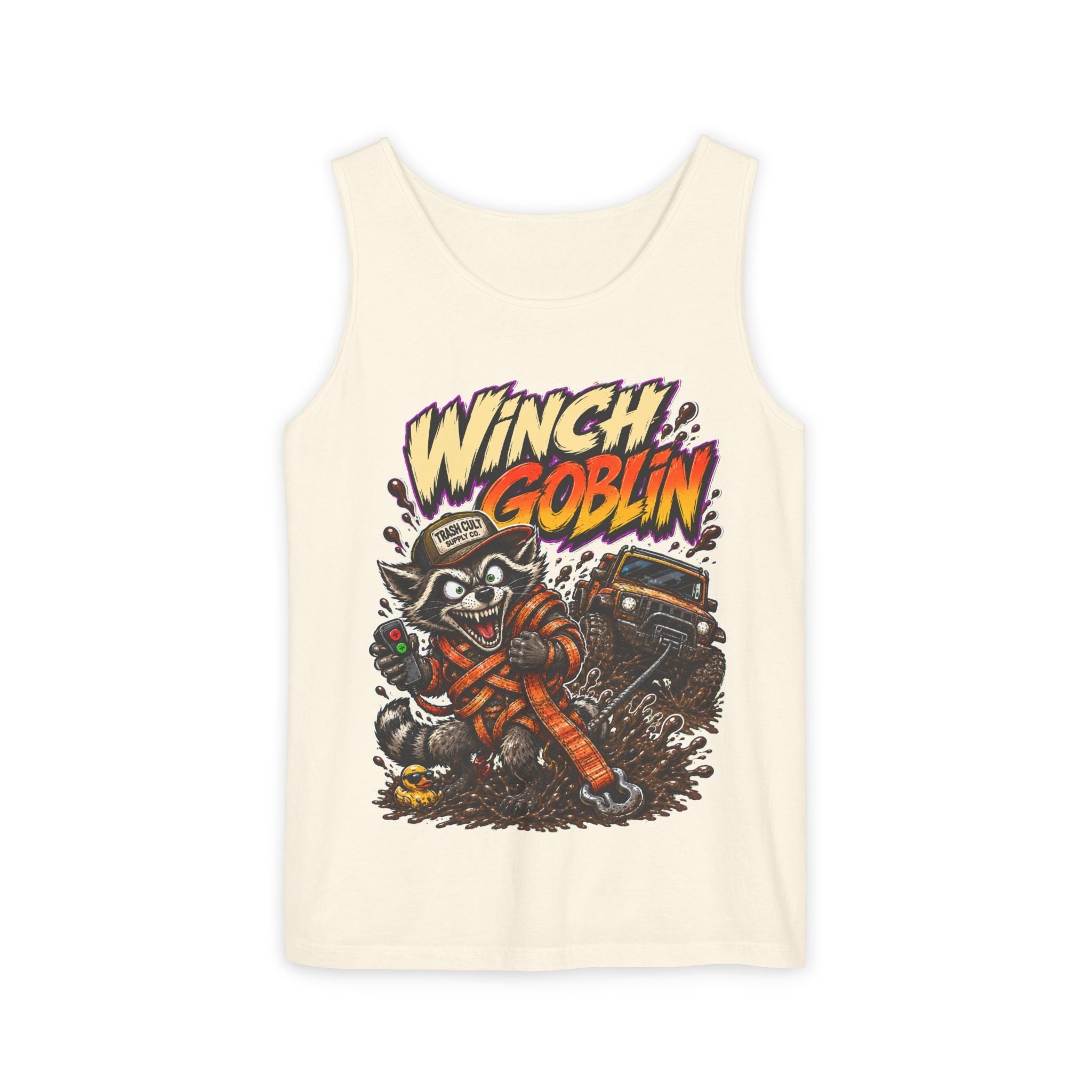 Winch Goblin Graphic Tank Top — Retro Cartoon Mechanic Design