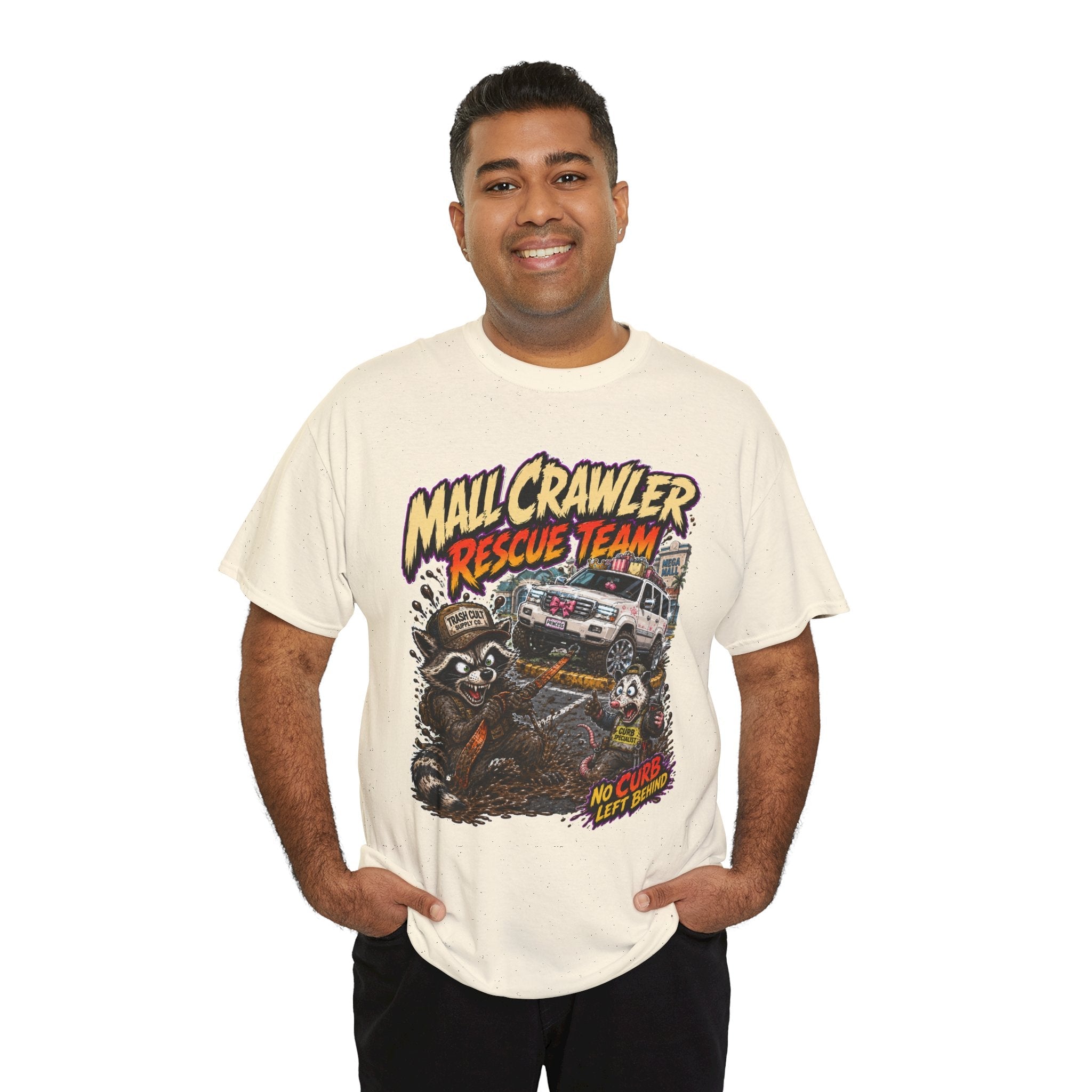 Mall Crawler Rescue Team T‑Shirt — Vintage Raccoon Rescue Graphic Tee (“No Curb Left Behind”)