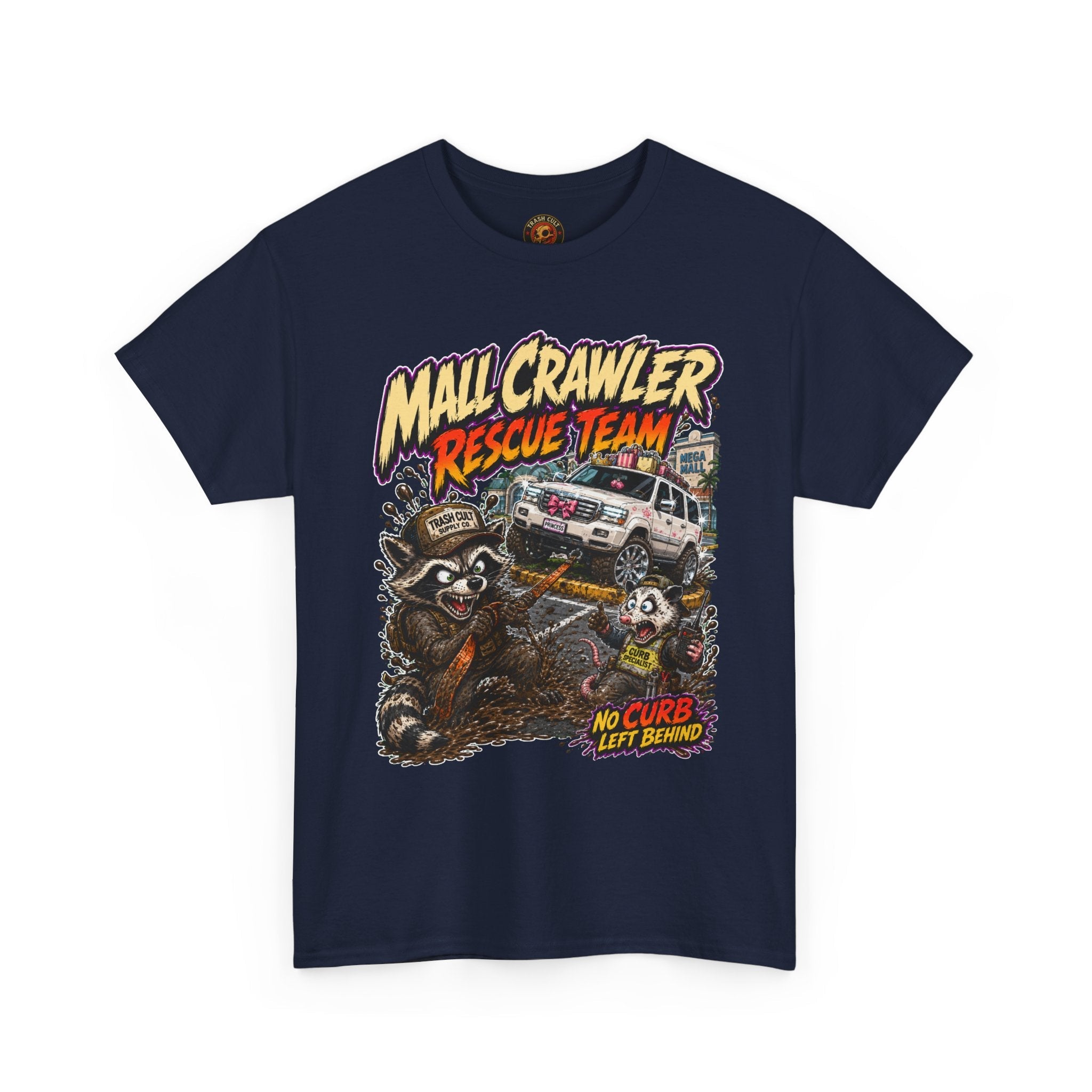Mall Crawler Rescue Team T‑Shirt — Vintage Raccoon Rescue Graphic Tee (“No Curb Left Behind”)