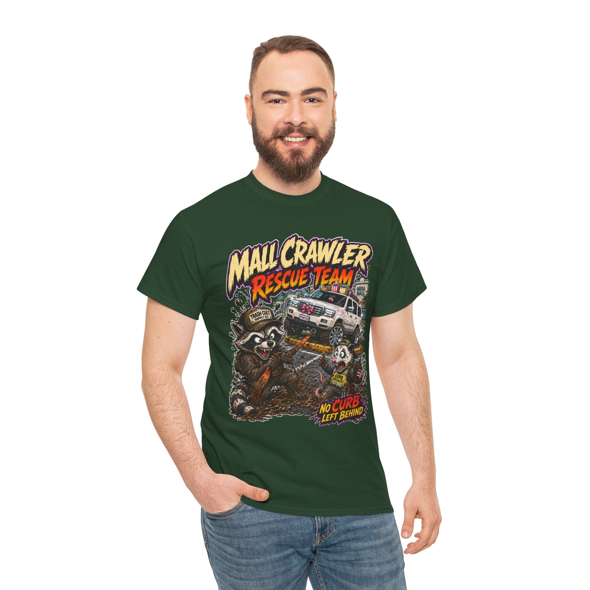 Mall Crawler Rescue Team T‑Shirt — Vintage Raccoon Rescue Graphic Tee (“No Curb Left Behind”)