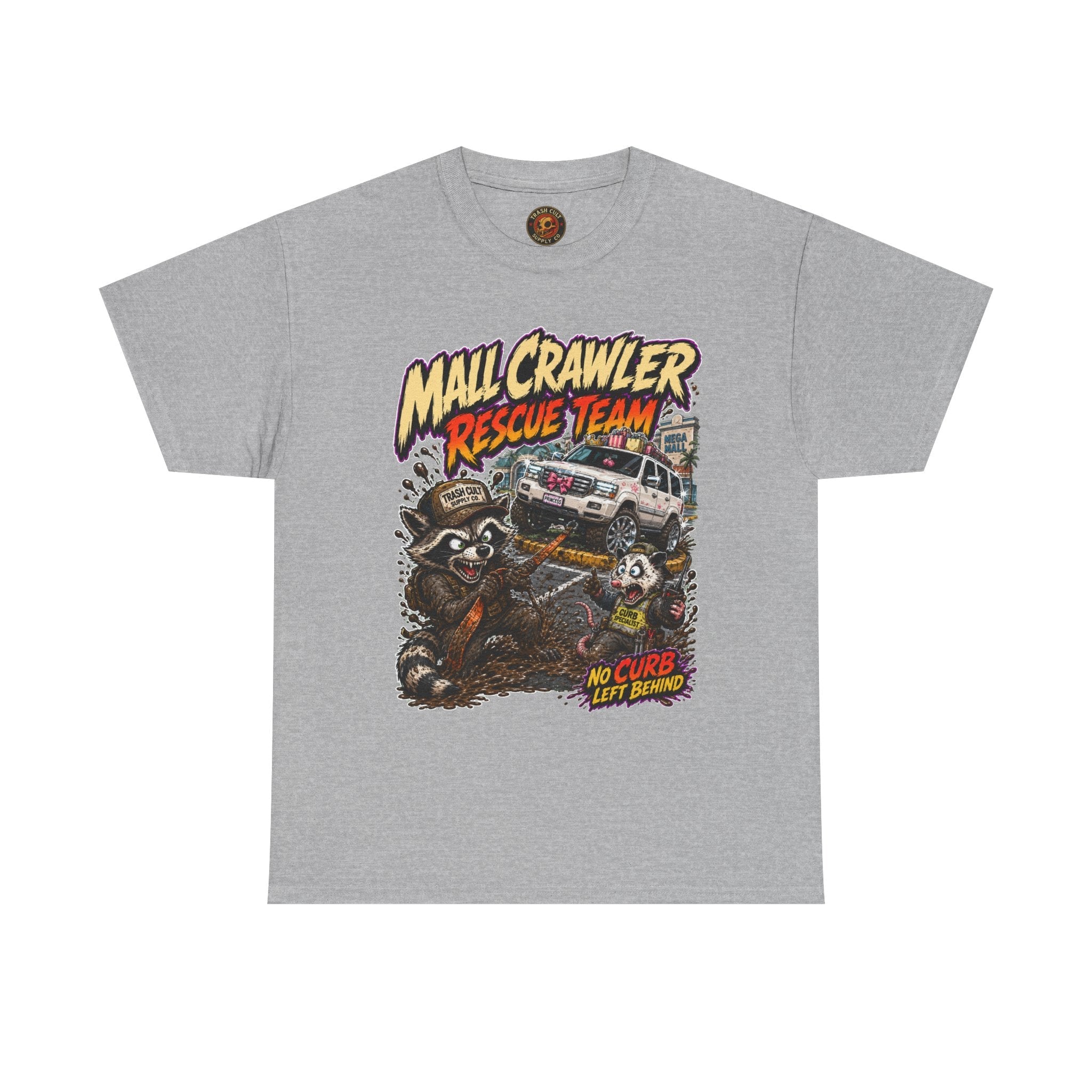 Mall Crawler Rescue Team T‑Shirt — Vintage Raccoon Rescue Graphic Tee (“No Curb Left Behind”)