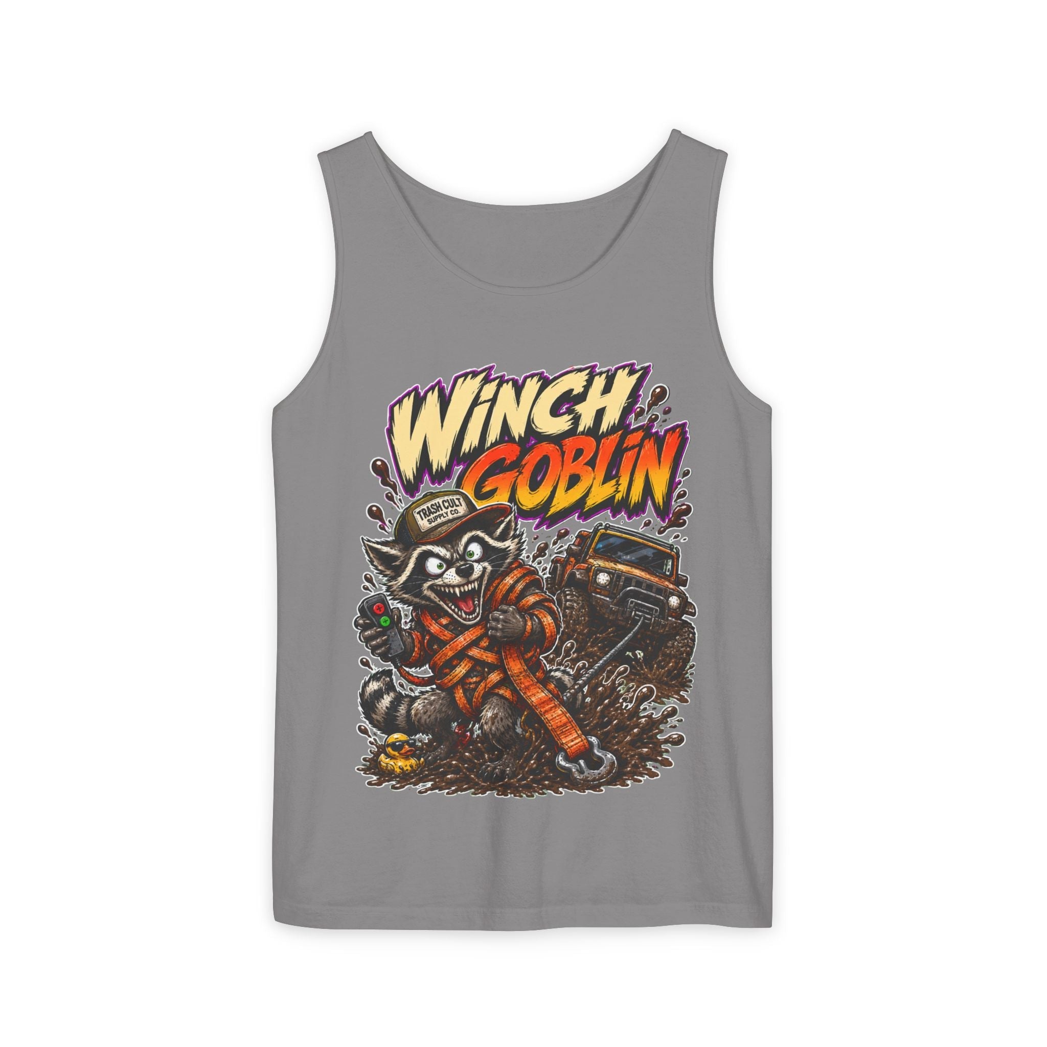 Winch Goblin Graphic Tank Top — Retro Cartoon Mechanic Design