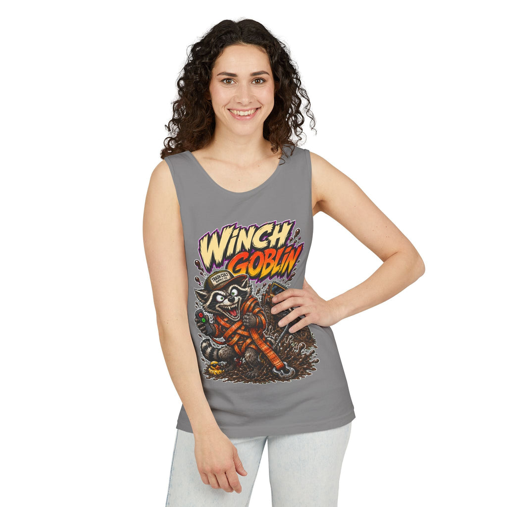 Winch Goblin Graphic Tank Top — Retro Cartoon Mechanic Design
