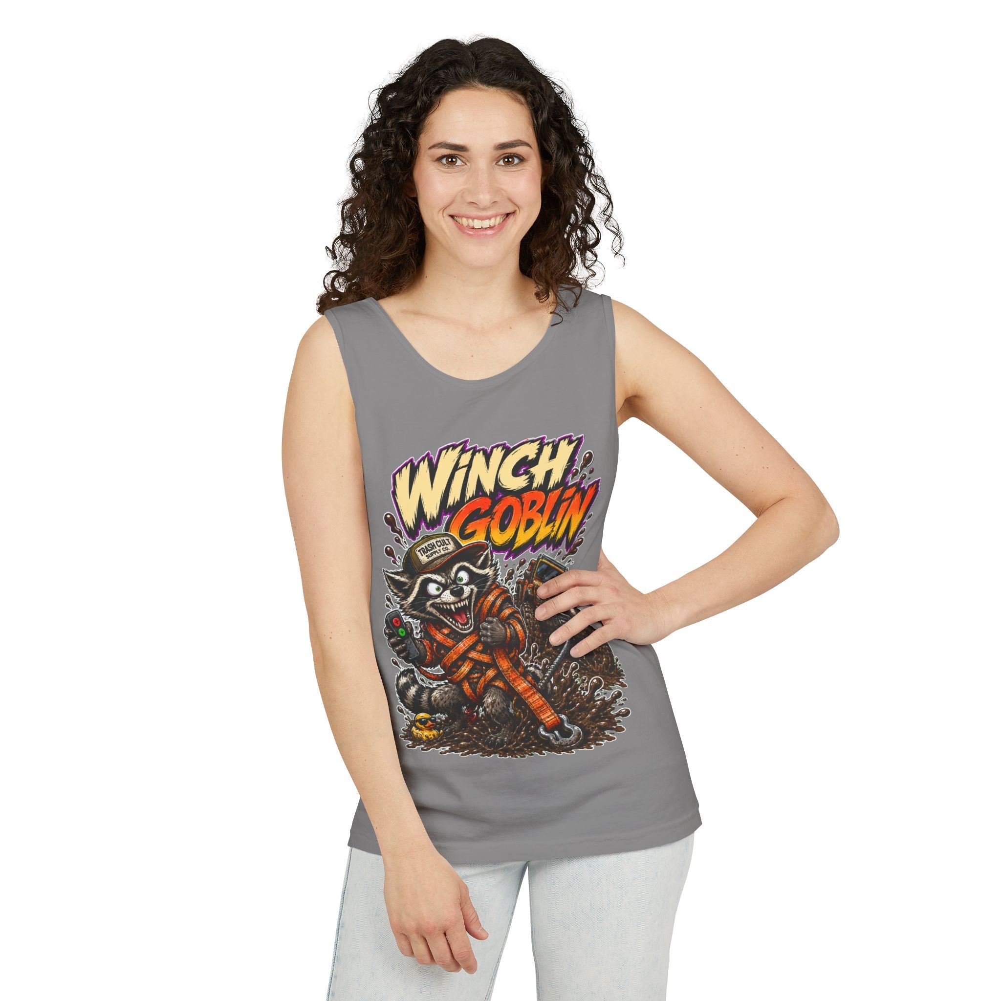 Winch Goblin Graphic Tank Top — Retro Cartoon Mechanic Design