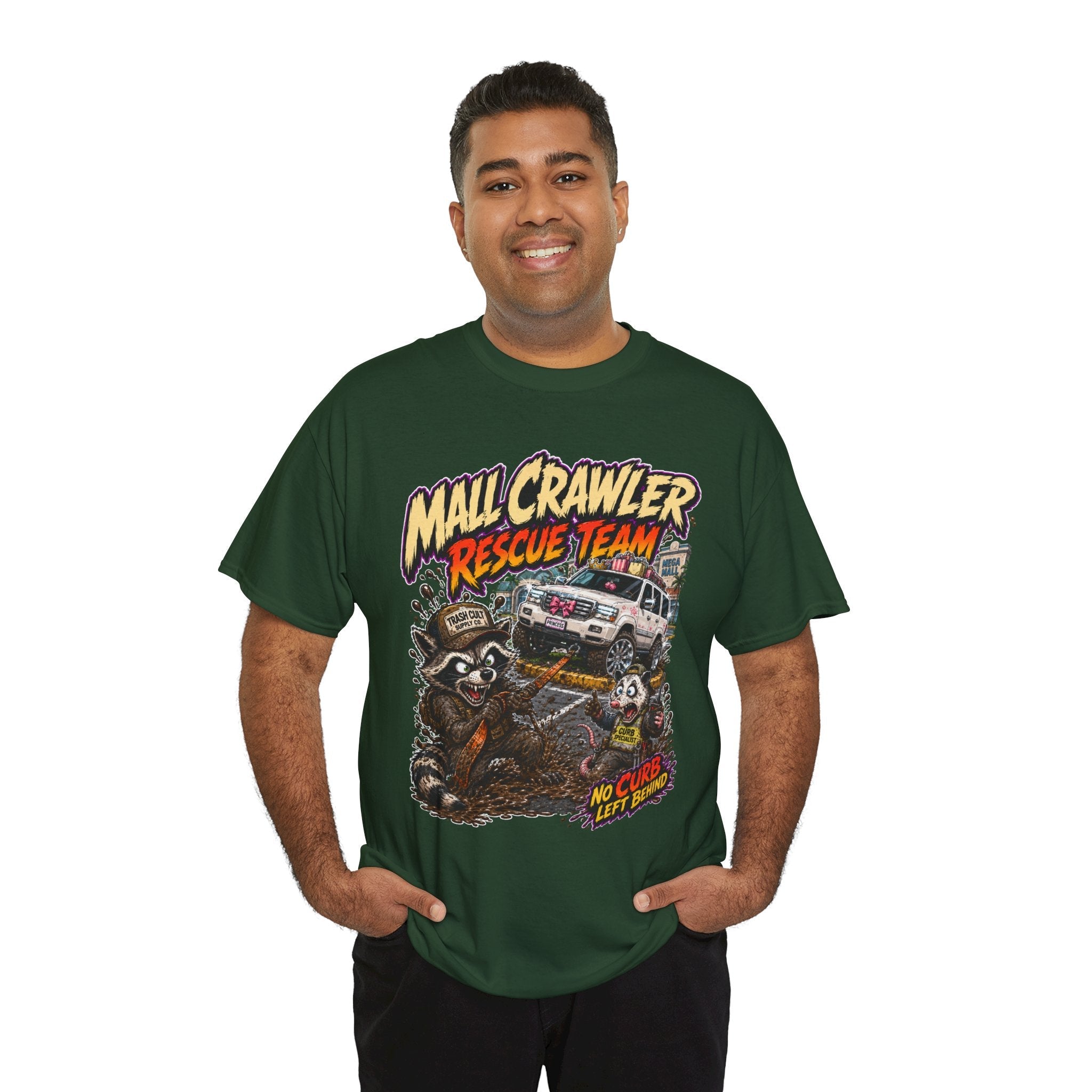 Mall Crawler Rescue Team T‑Shirt — Vintage Raccoon Rescue Graphic Tee (“No Curb Left Behind”)
