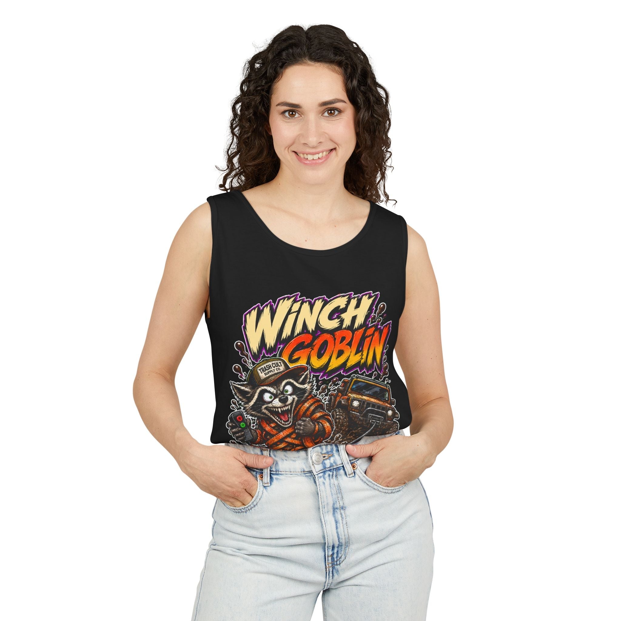 Winch Goblin Graphic Tank Top — Retro Cartoon Mechanic Design