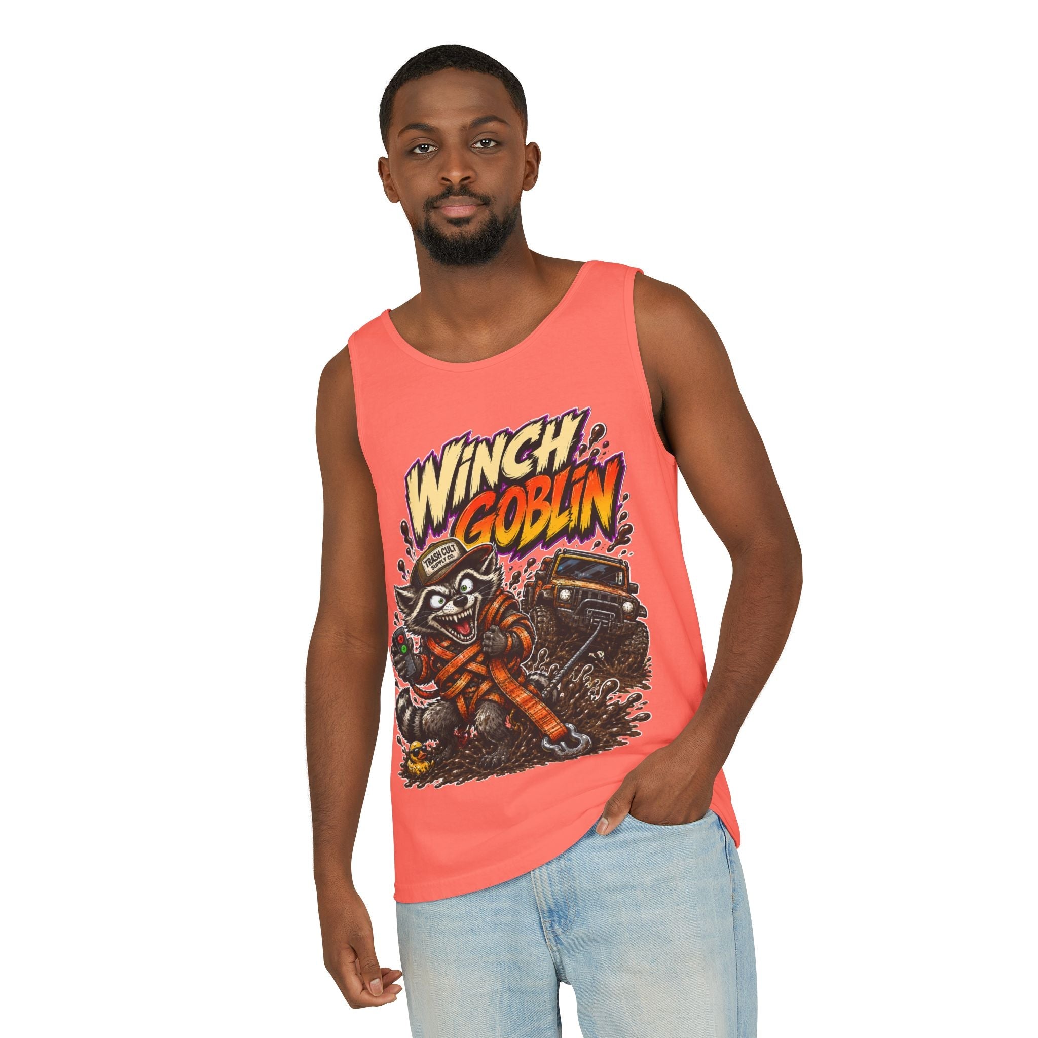 Winch Goblin Graphic Tank Top — Retro Cartoon Mechanic Design