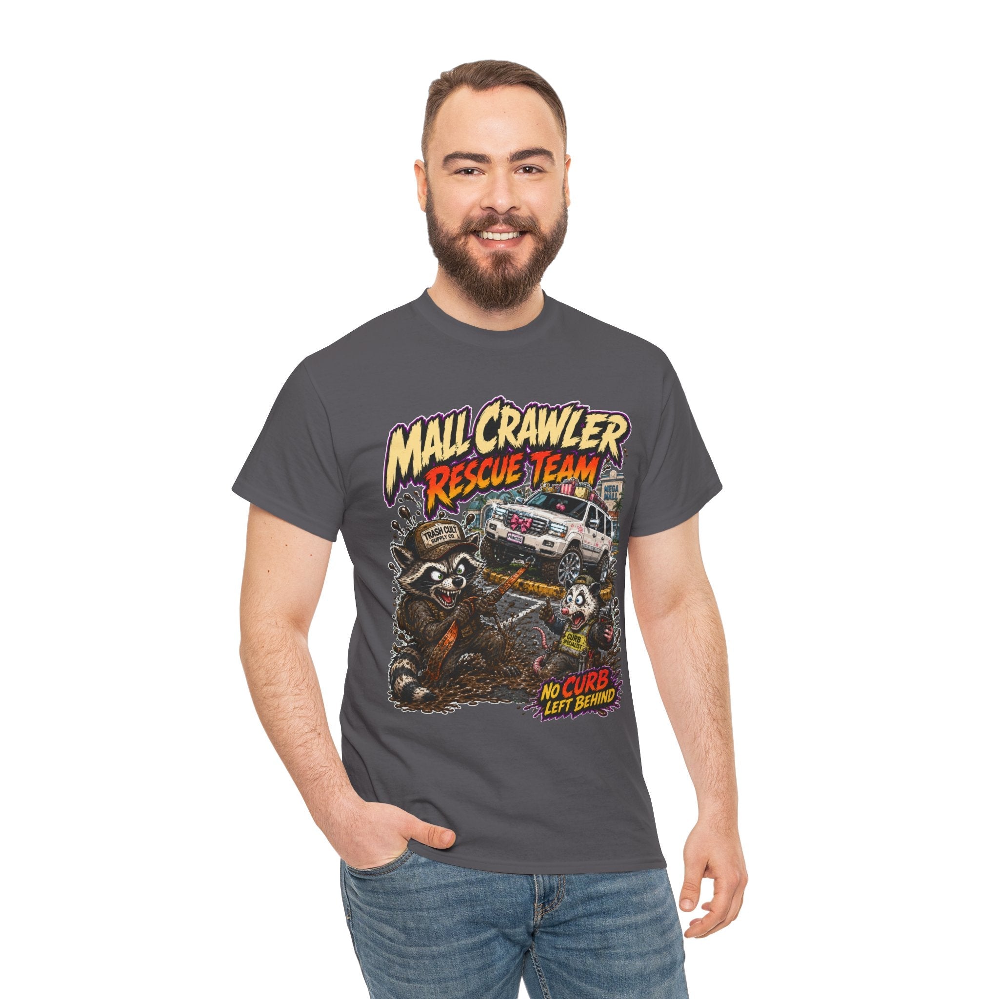 Mall Crawler Rescue Team T‑Shirt — Vintage Raccoon Rescue Graphic Tee (“No Curb Left Behind”)