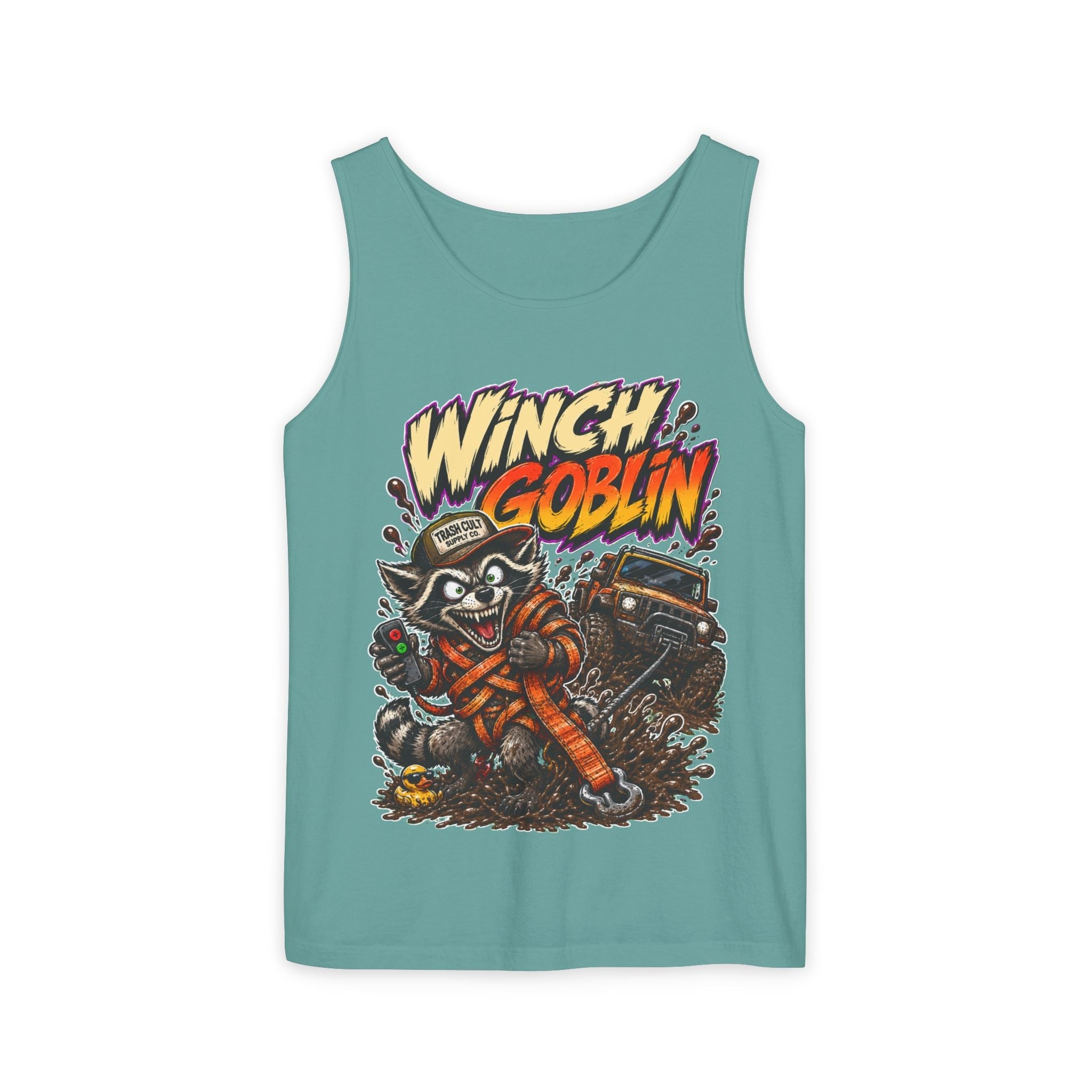 Winch Goblin Graphic Tank Top — Retro Cartoon Mechanic Design
