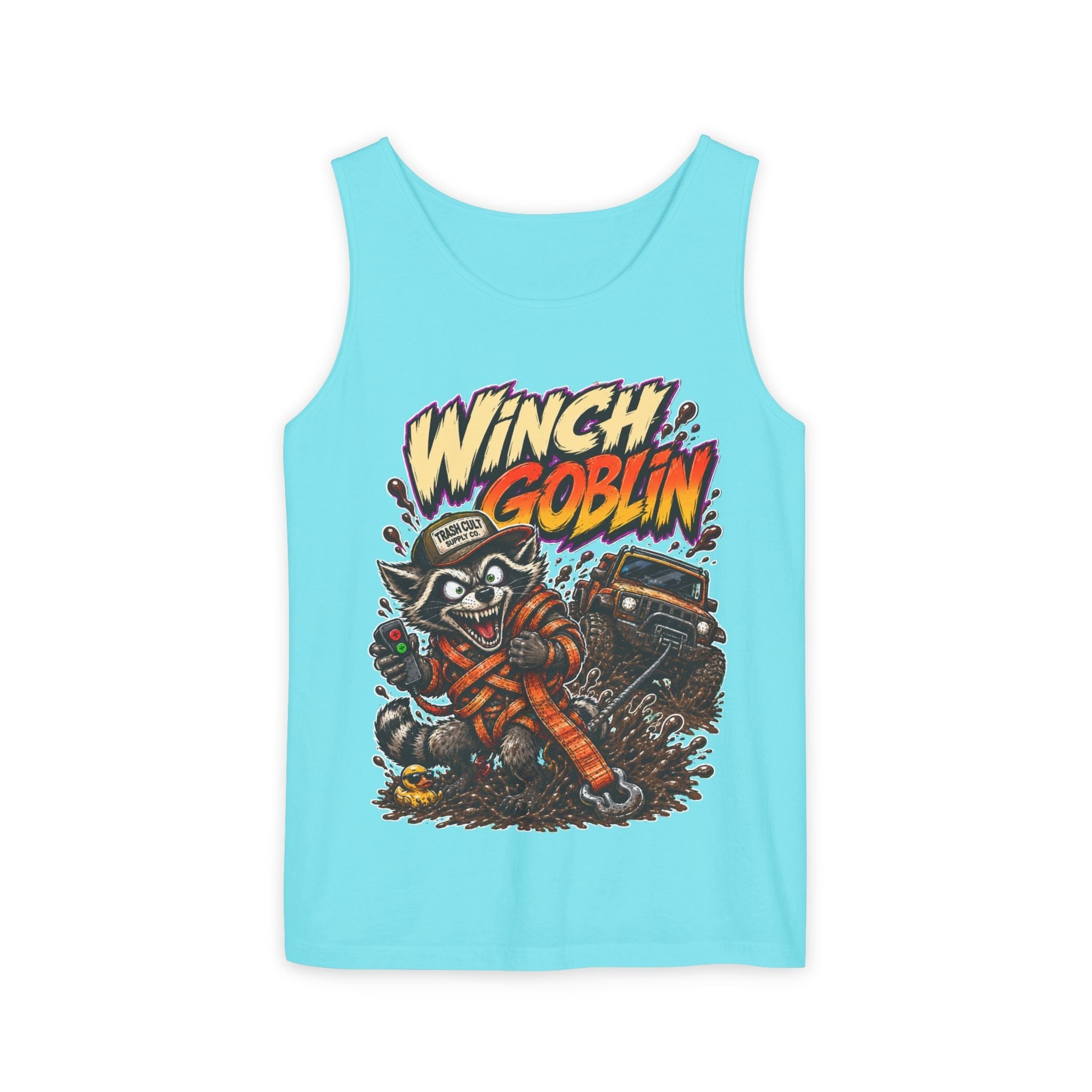 Winch Goblin Graphic Tank Top — Retro Cartoon Mechanic Design