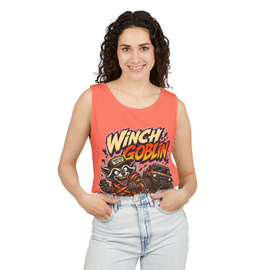 Winch Goblin Graphic Tank Top — Retro Cartoon Mechanic Design