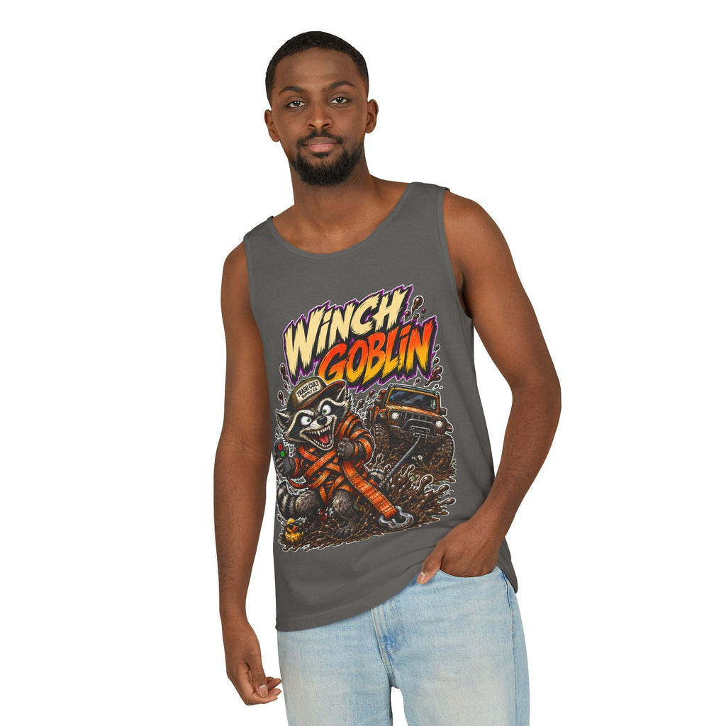 Winch Goblin Graphic Tank Top — Retro Cartoon Mechanic Design
