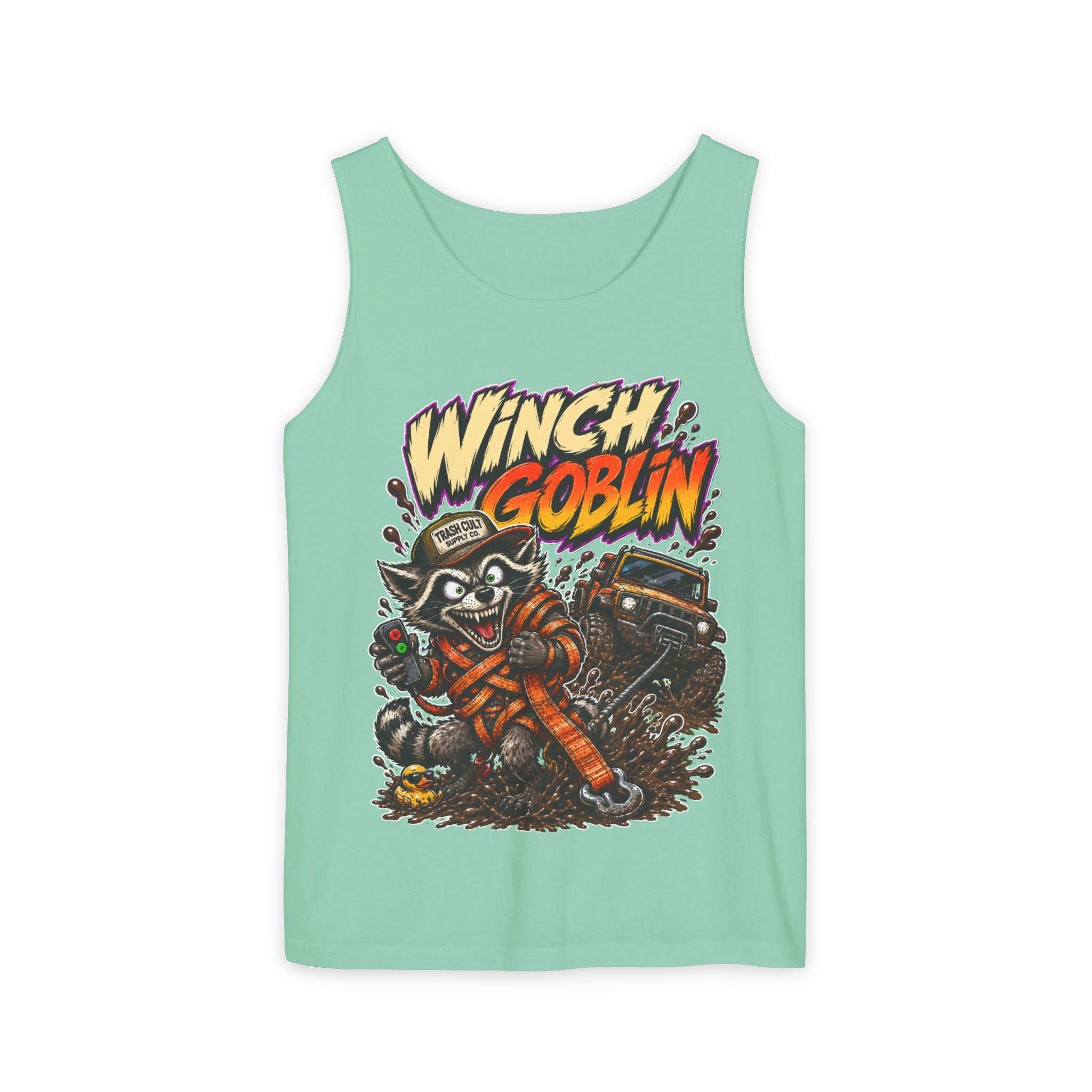 Winch Goblin Graphic Tank Top — Retro Cartoon Mechanic Design