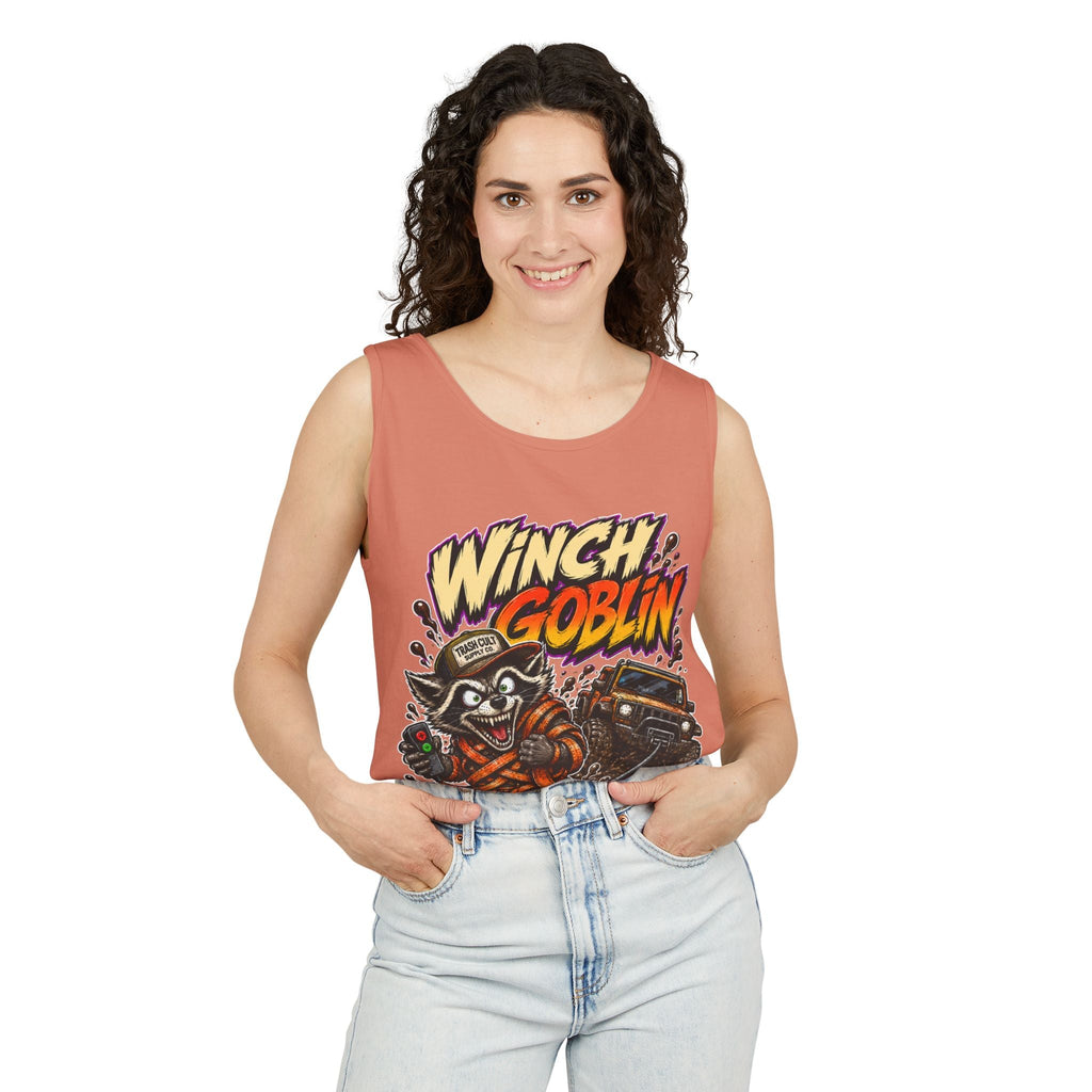 Winch Goblin Graphic Tank Top — Retro Cartoon Mechanic Design