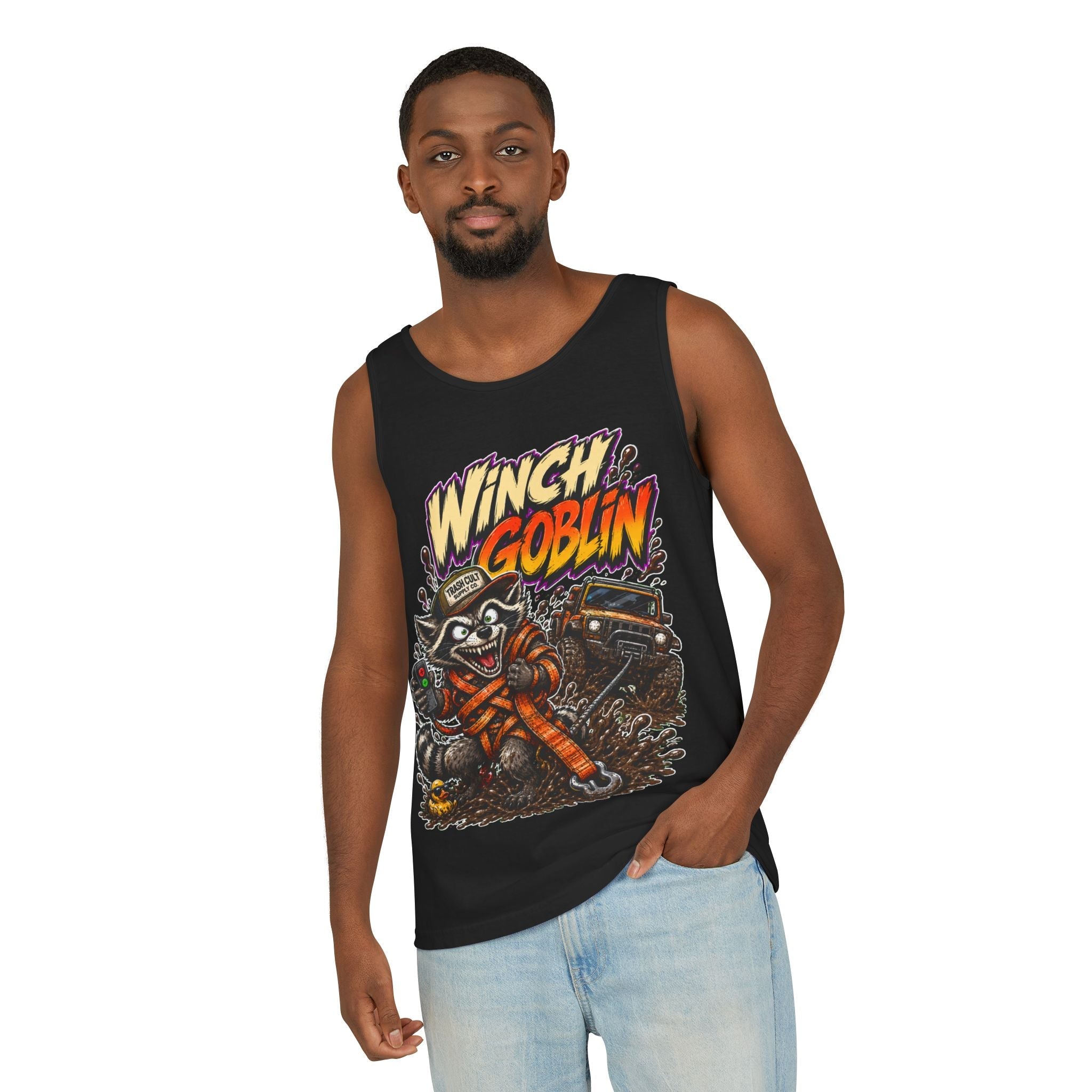 Winch Goblin Graphic Tank Top — Retro Cartoon Mechanic Design
