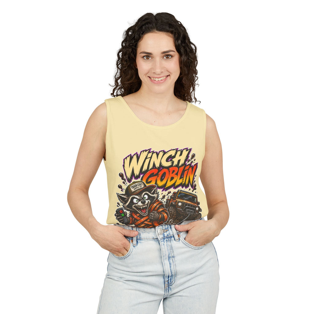 Winch Goblin Graphic Tank Top — Retro Cartoon Mechanic Design