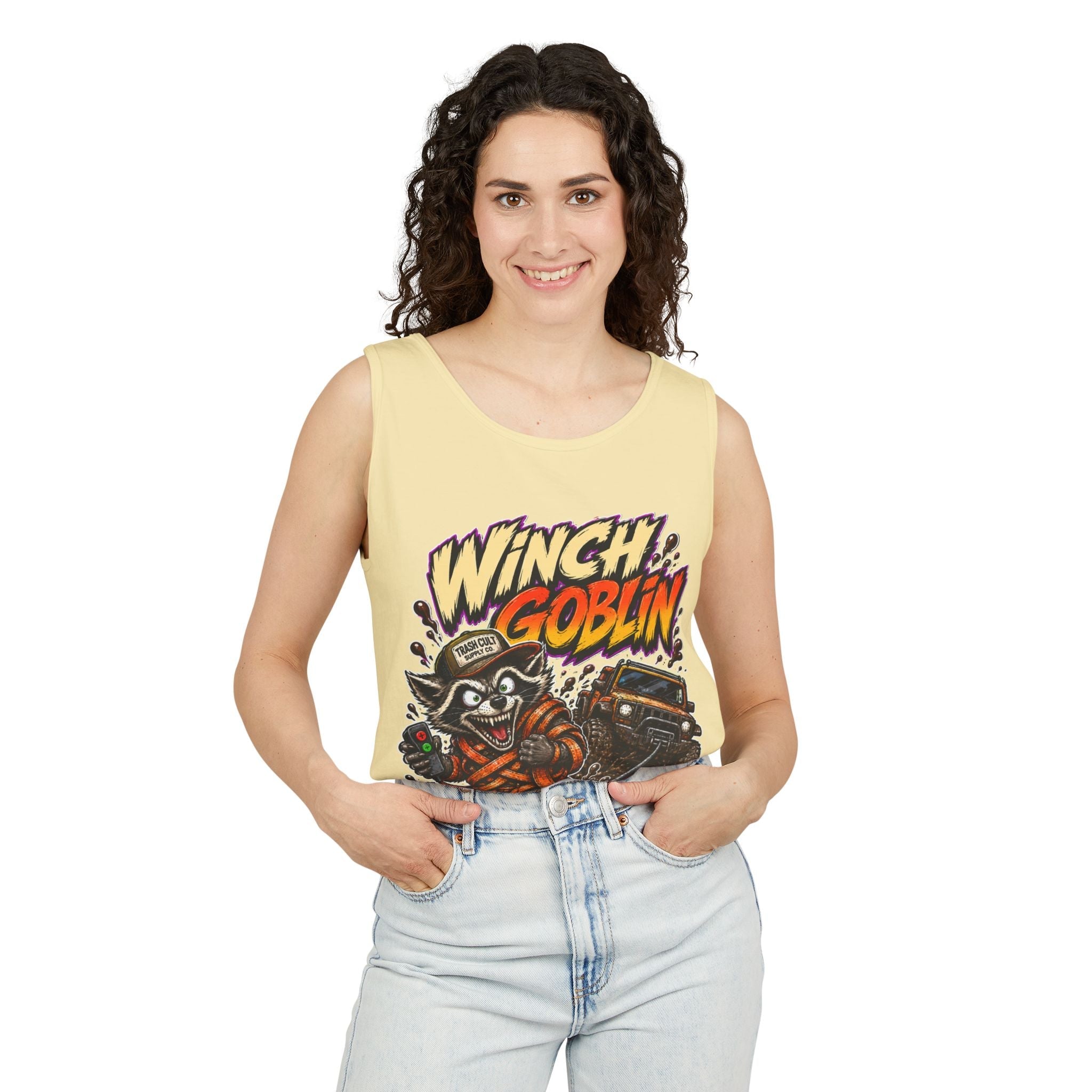 Winch Goblin Graphic Tank Top — Retro Cartoon Mechanic Design