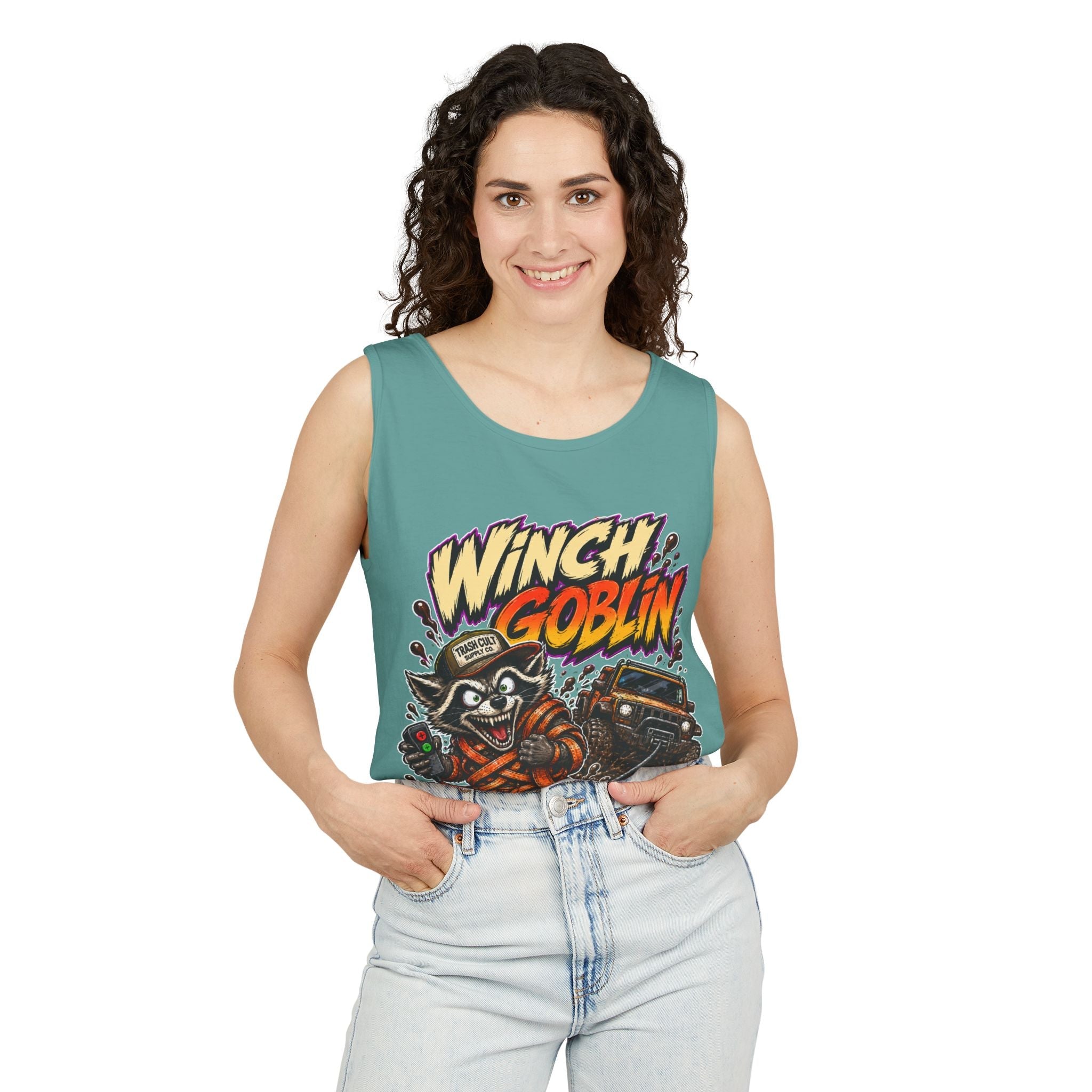 Winch Goblin Graphic Tank Top — Retro Cartoon Mechanic Design