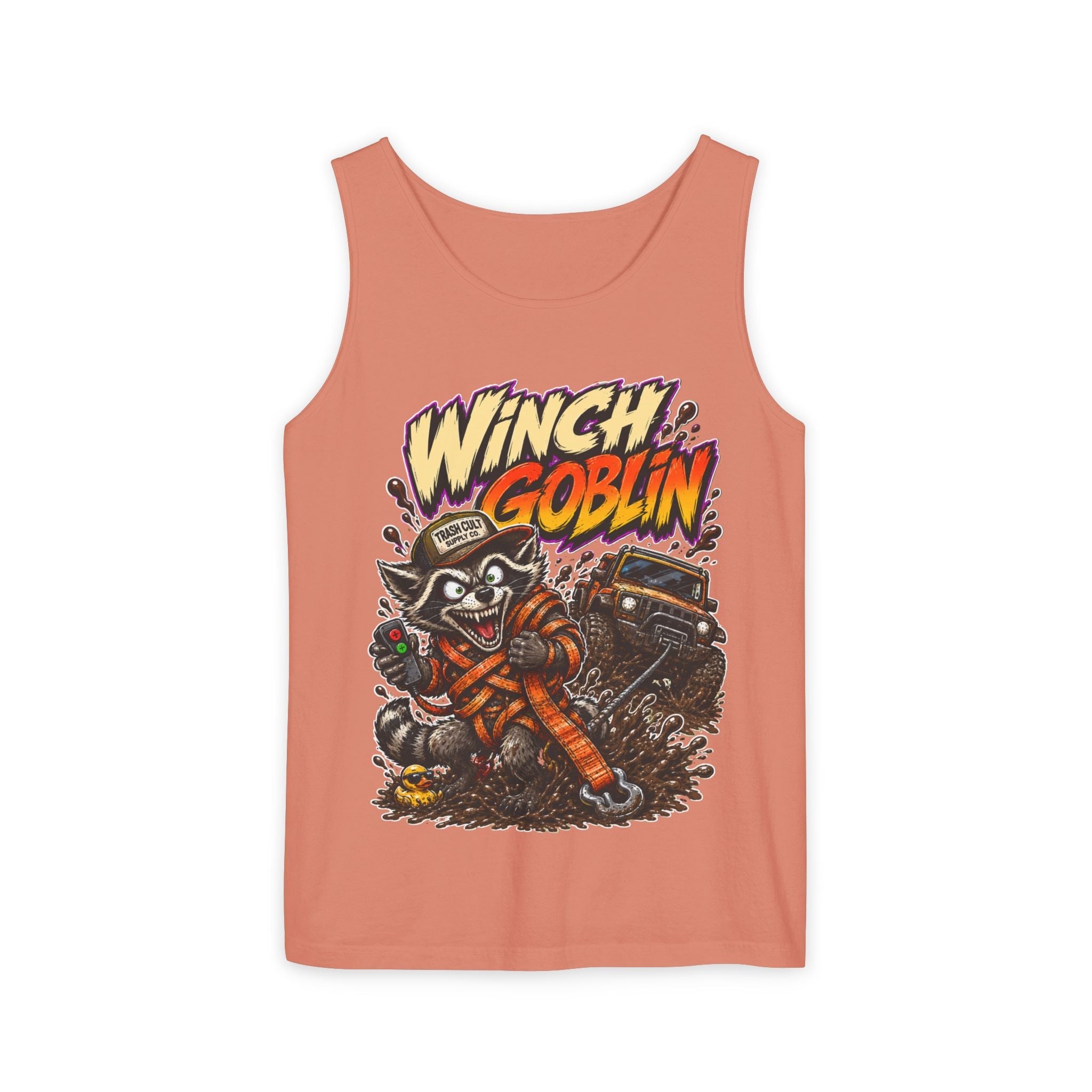 Winch Goblin Graphic Tank Top — Retro Cartoon Mechanic Design