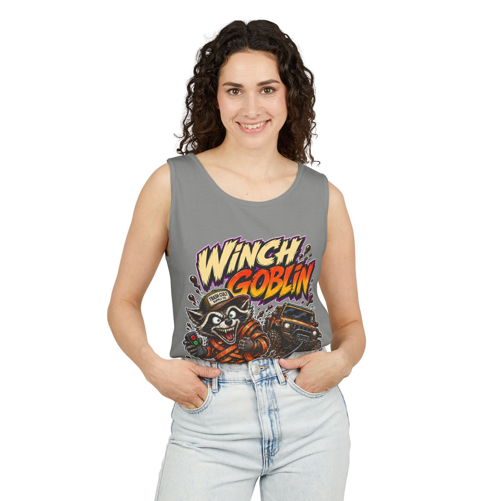 Winch Goblin Graphic Tank Top — Retro Cartoon Mechanic Design