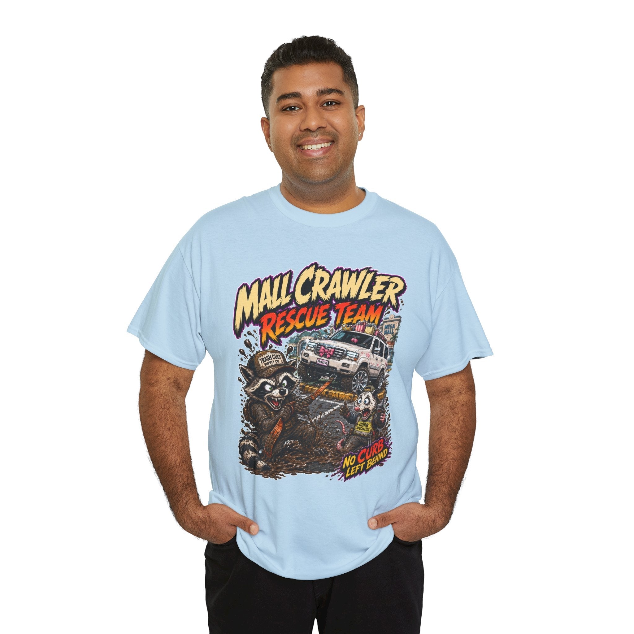 Mall Crawler Rescue Team T‑Shirt — Vintage Raccoon Rescue Graphic Tee (“No Curb Left Behind”)