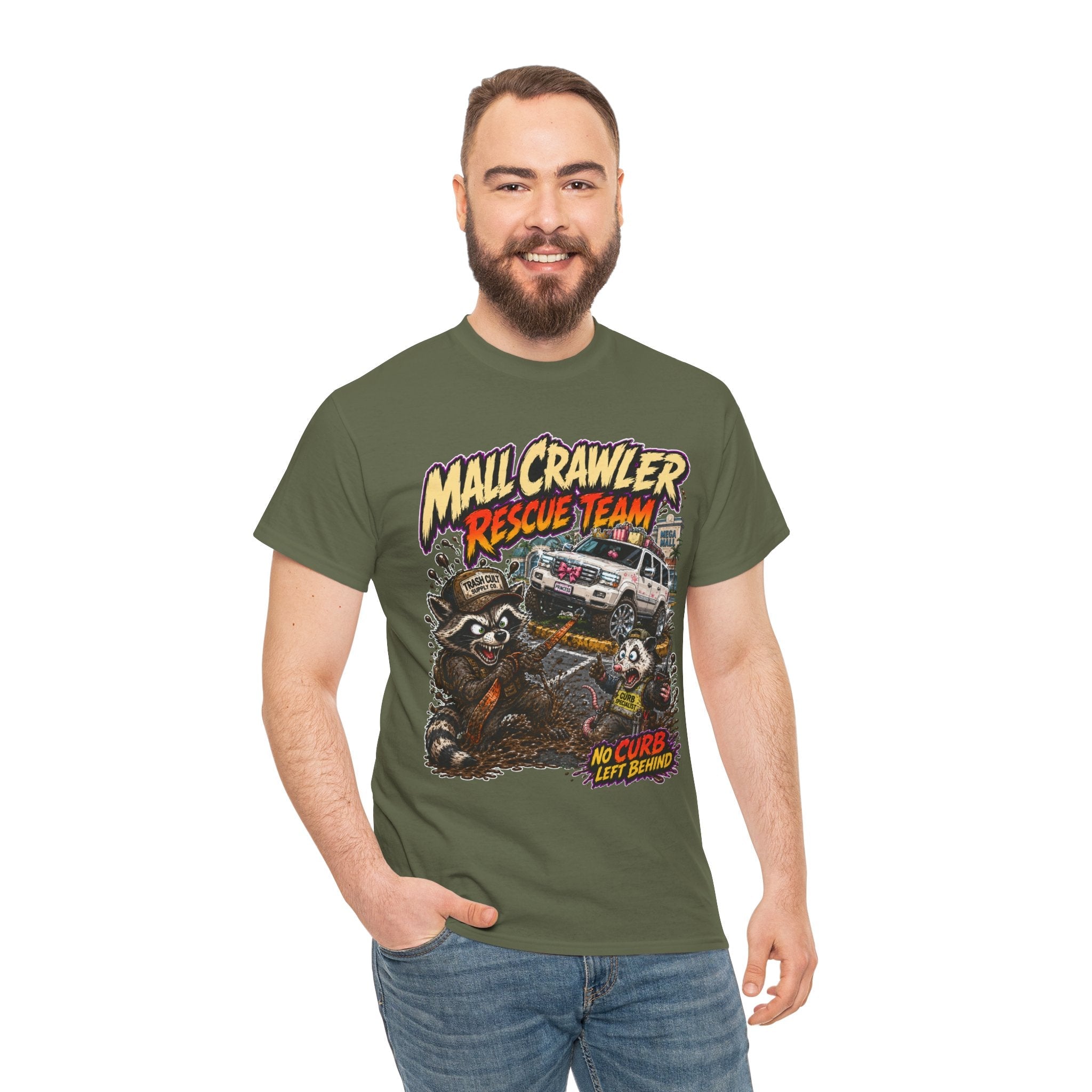 Mall Crawler Rescue Team T‑Shirt — Vintage Raccoon Rescue Graphic Tee (“No Curb Left Behind”)