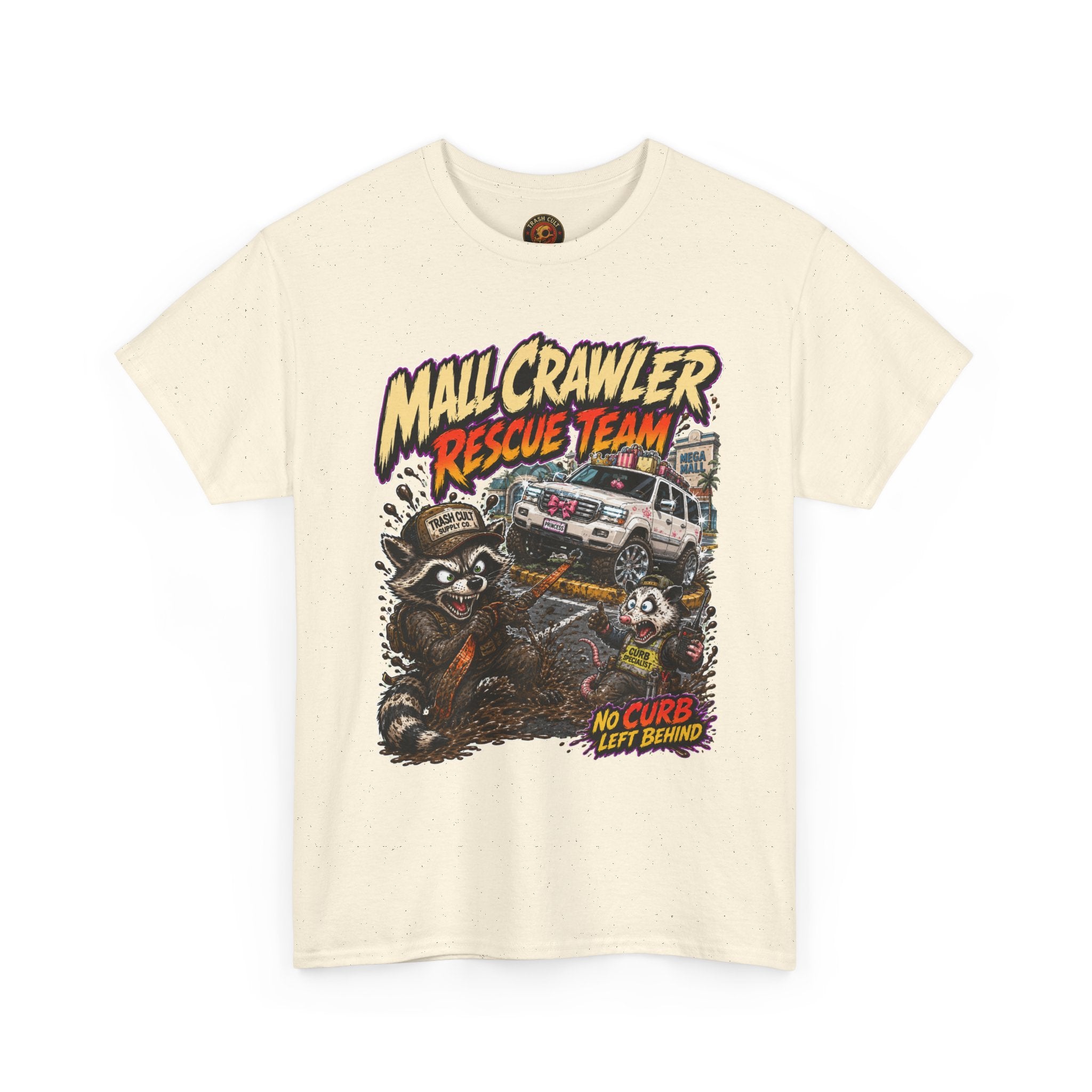 Mall Crawler Rescue Team T‑Shirt — Vintage Raccoon Rescue Graphic Tee (“No Curb Left Behind”)