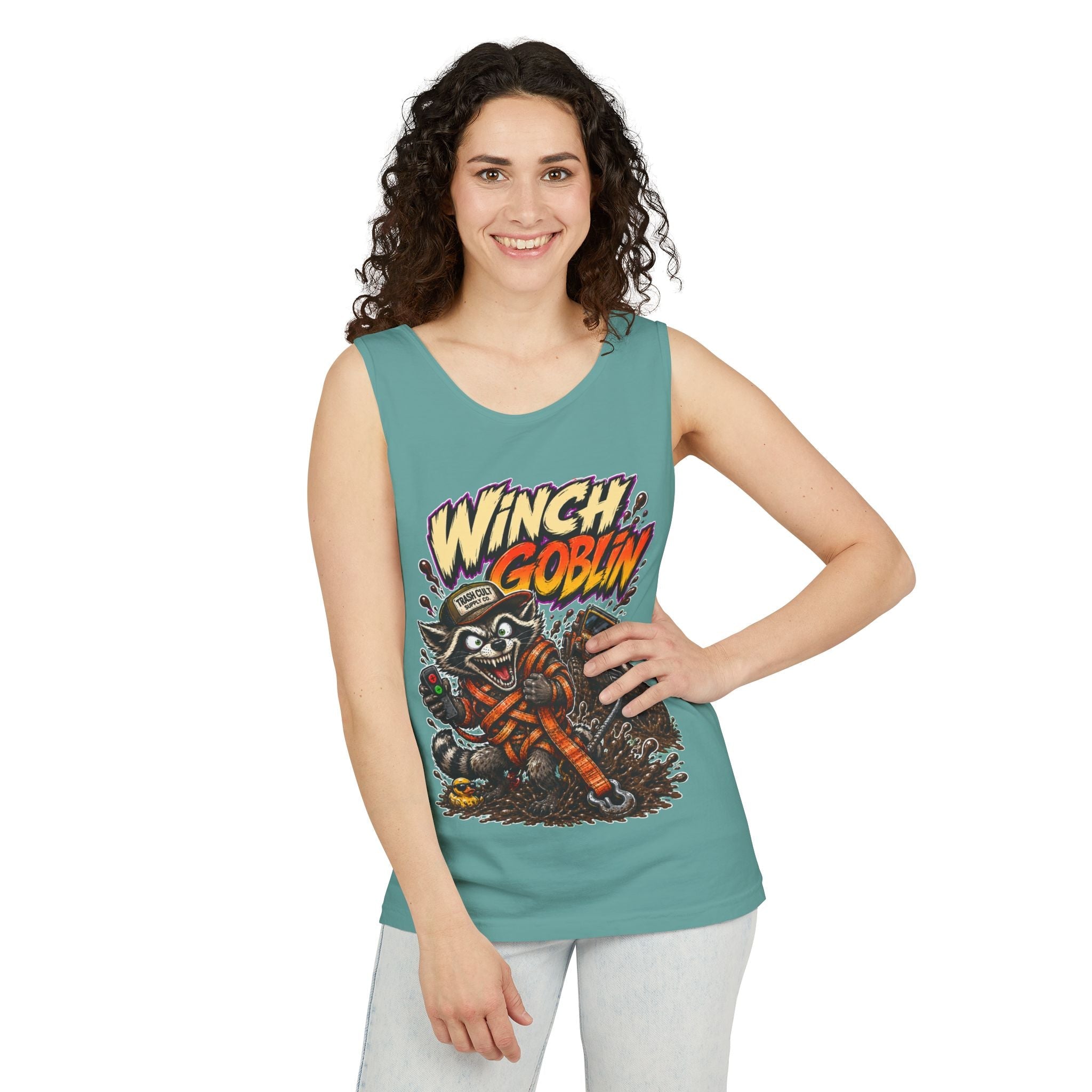 Winch Goblin Graphic Tank Top — Retro Cartoon Mechanic Design
